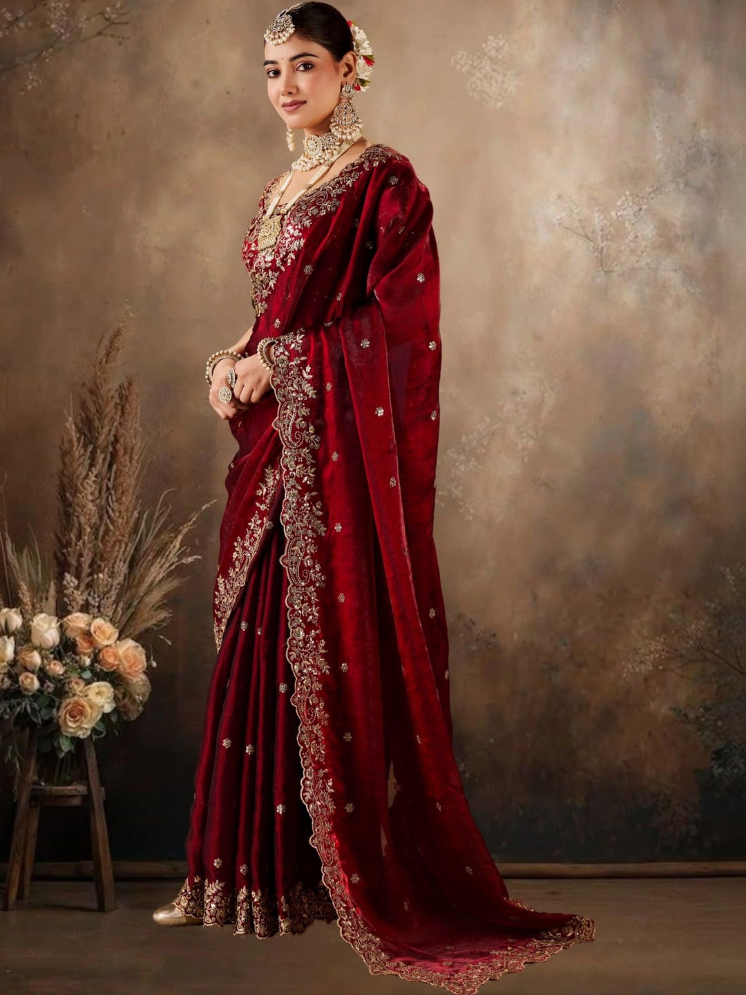 Tradivibe Floral Embroidered Art Silk Banarasi Saree