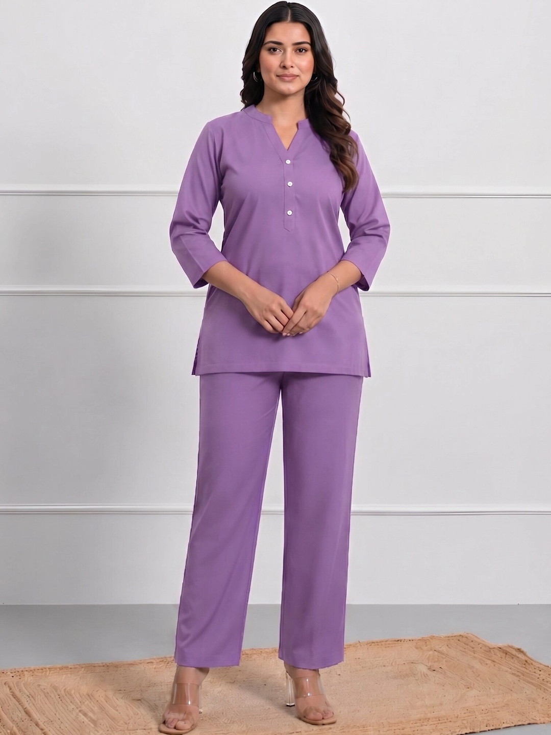 Moirai Mandarin Collar Three-Quarter Sleeves Pure Cotton Top With Trouser