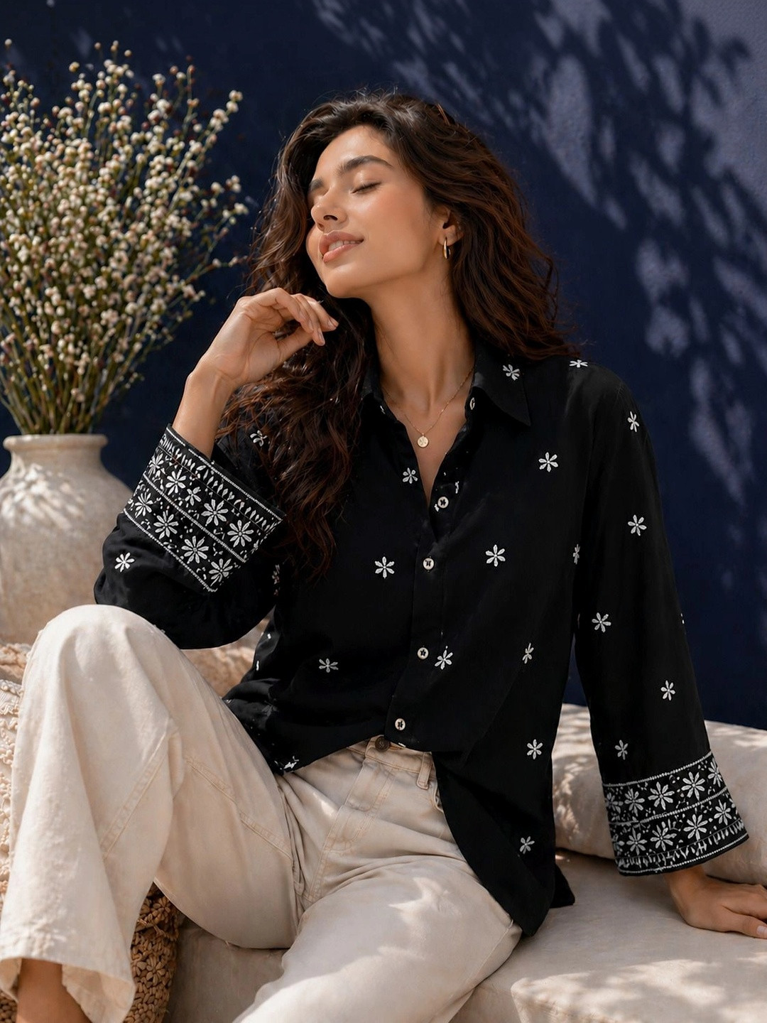 Tzelynn Relaxed Fit Floral Printed Embroidered Spread Collar Long Sleeves Casual Shirt