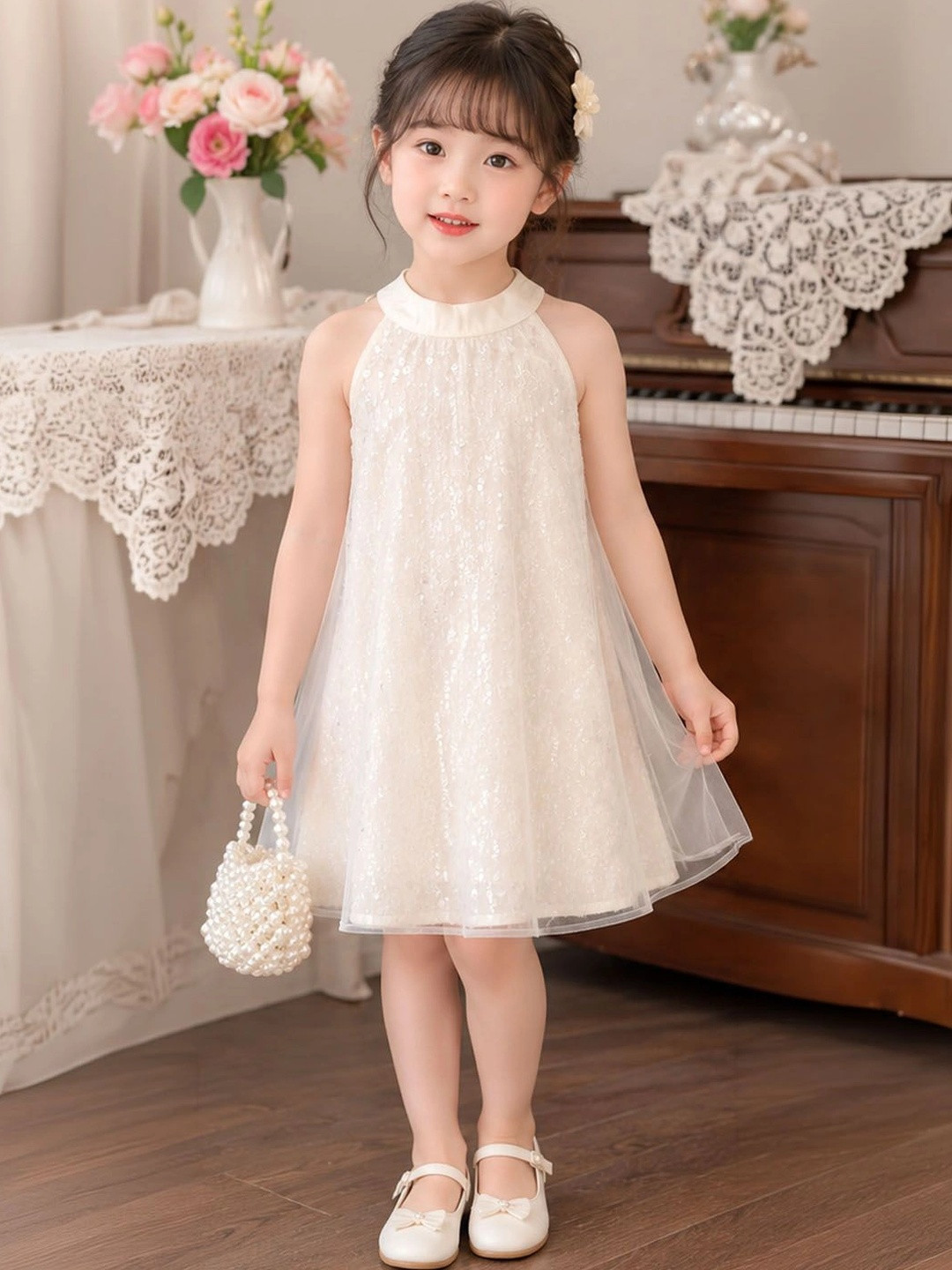 Xsole Embellished Halter Neck Ruffled A-Line Dress