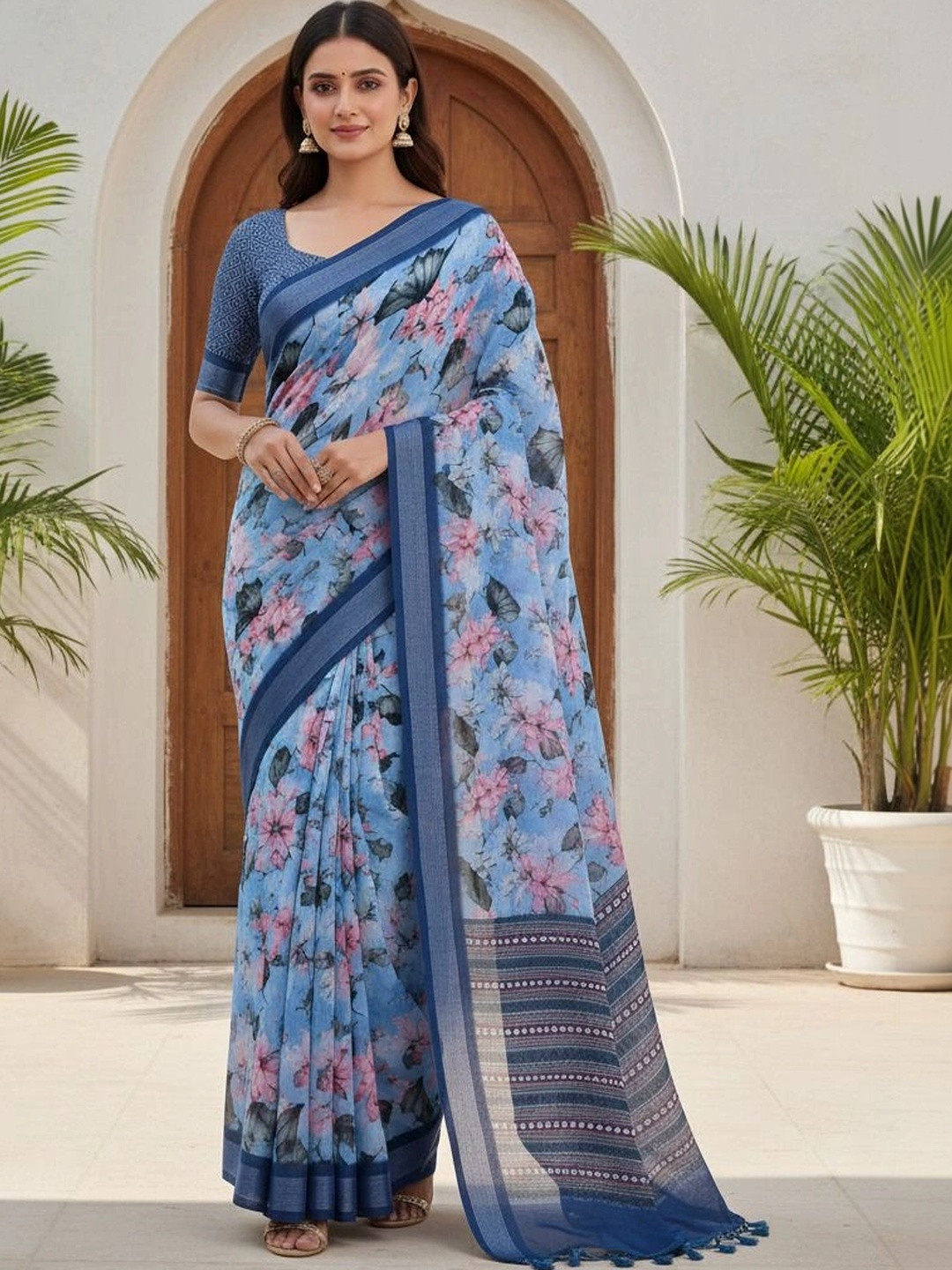 MEHARIKA Floral Cotton Blend Khadi Saree