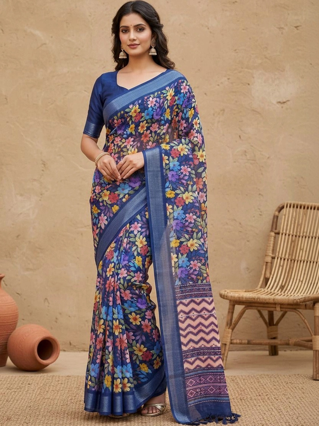 MEHARIKA Floral Cotton Blend Khadi Saree