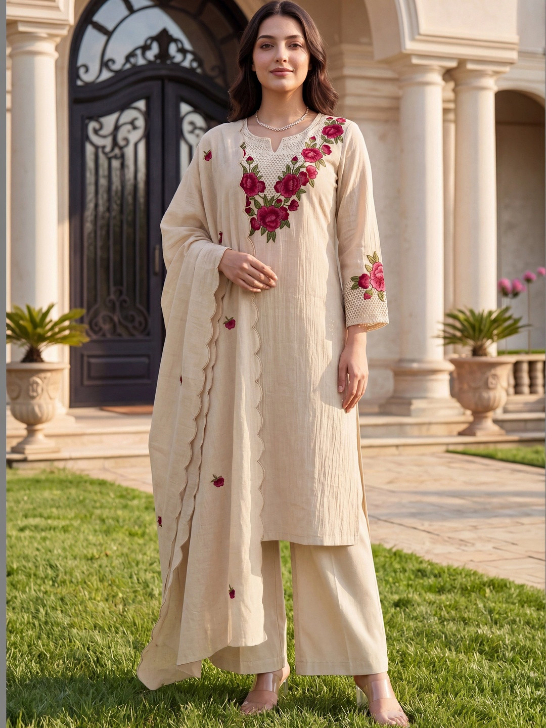 B4ME.COM Women Floral Embroidered Regular Thread Work Kurta with Palazzos & With Dupatta