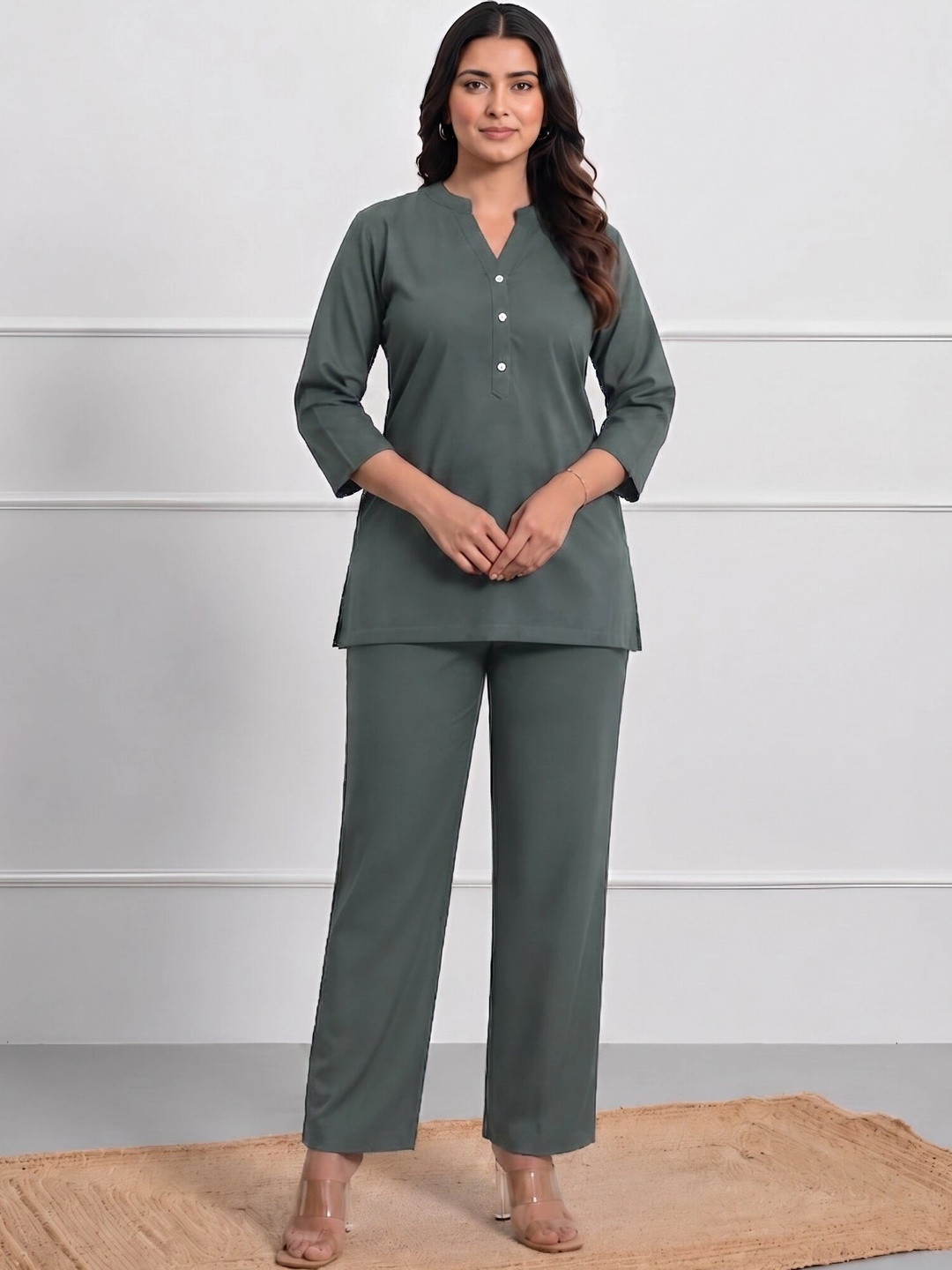 Moirai Mandarin Collar Three-Quarter Sleeves Pure Cotton Top With Trouser