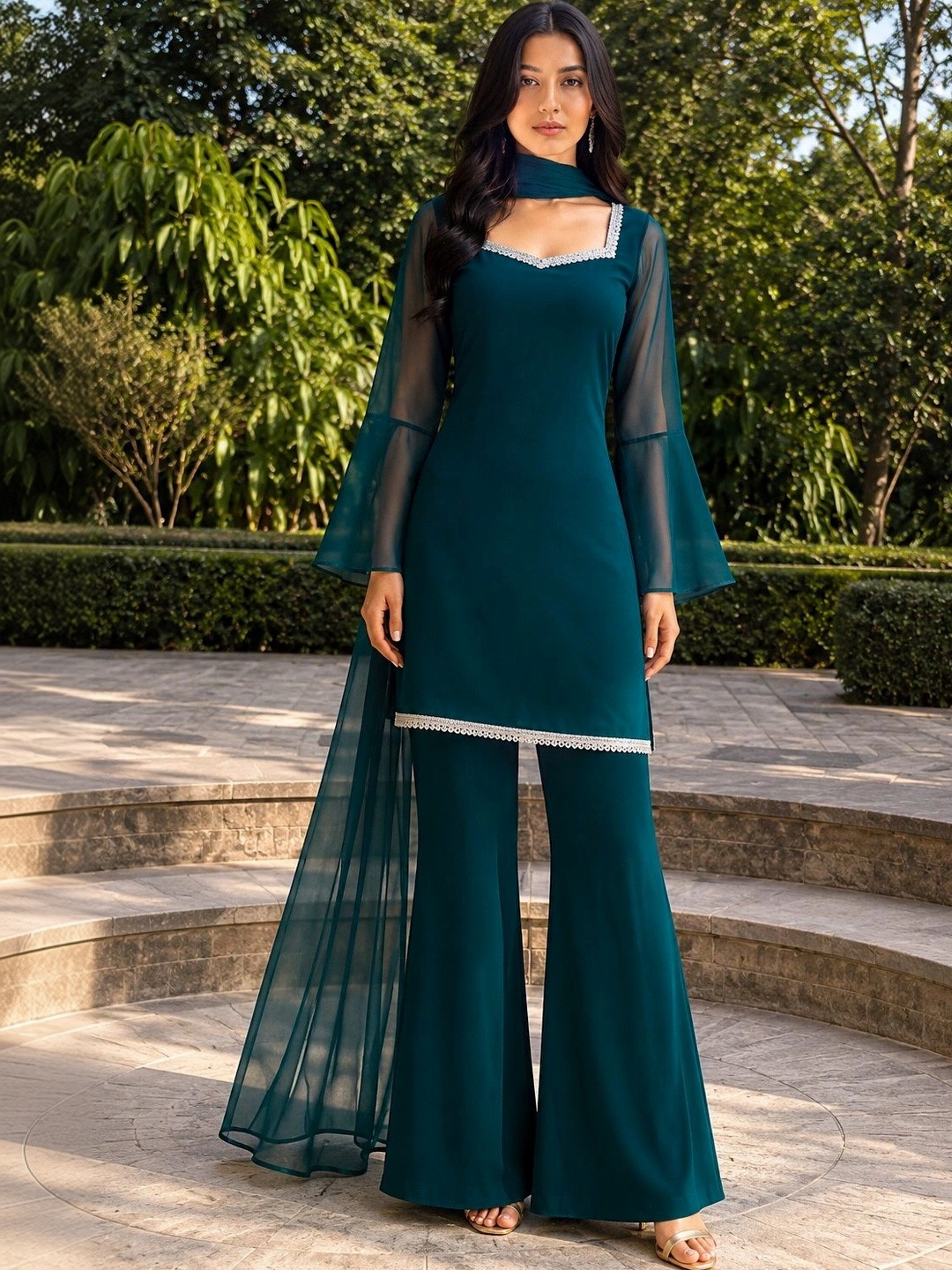 TRYAMBAKAM Women Regular Thread Work Kurta with Sharara & With Dupatta