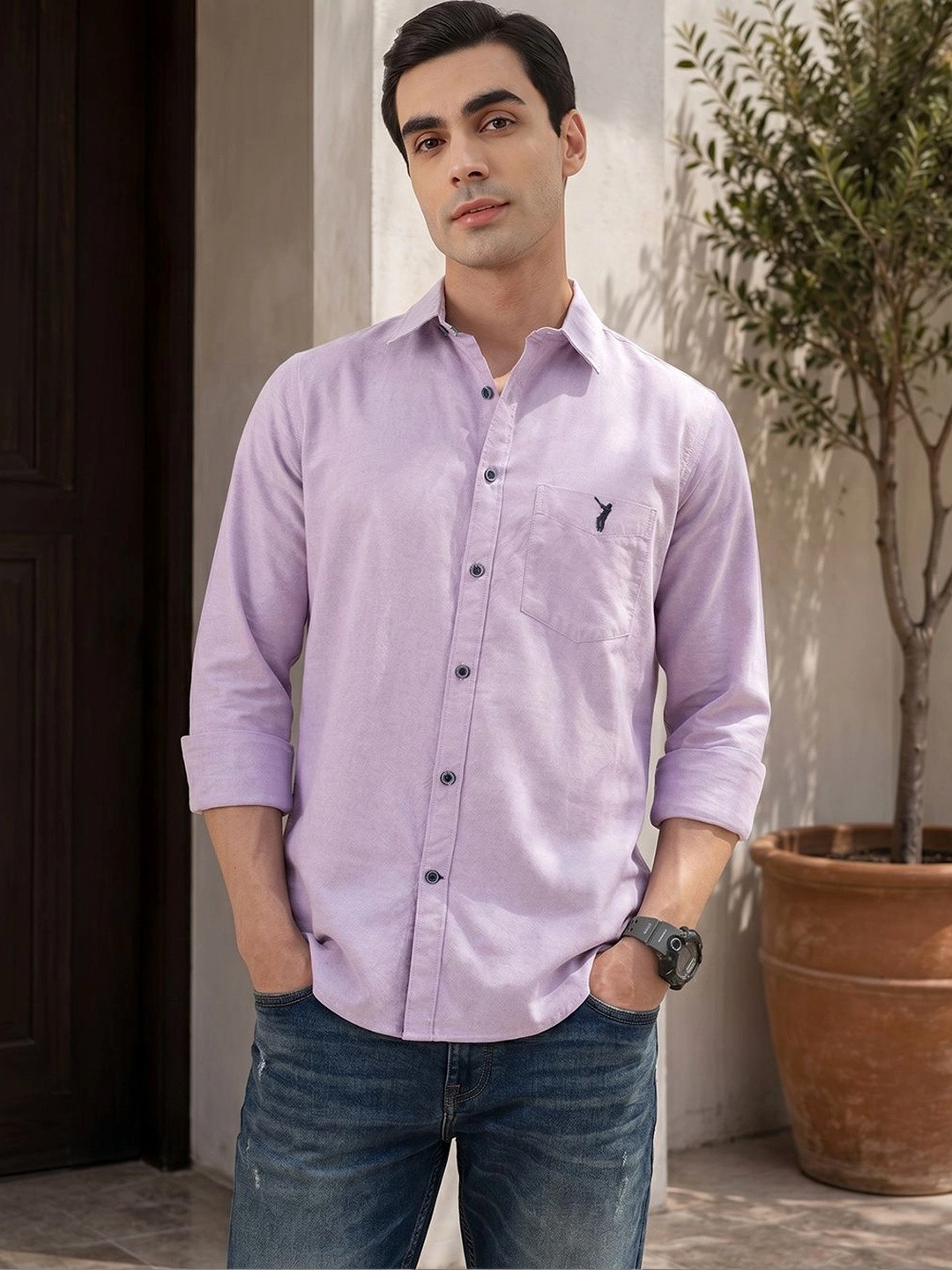 Thomas Scott Men Premium Slim Fit Solid Cotton Twill Long Sleeves Casual Shirt