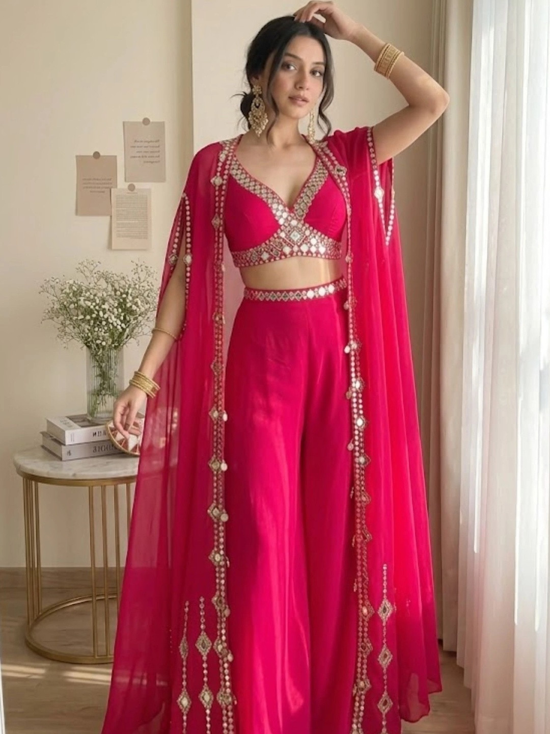 STARLY Embellished Mirror Work V-Neck Crop Top Palazzos With Shrug Co-ords