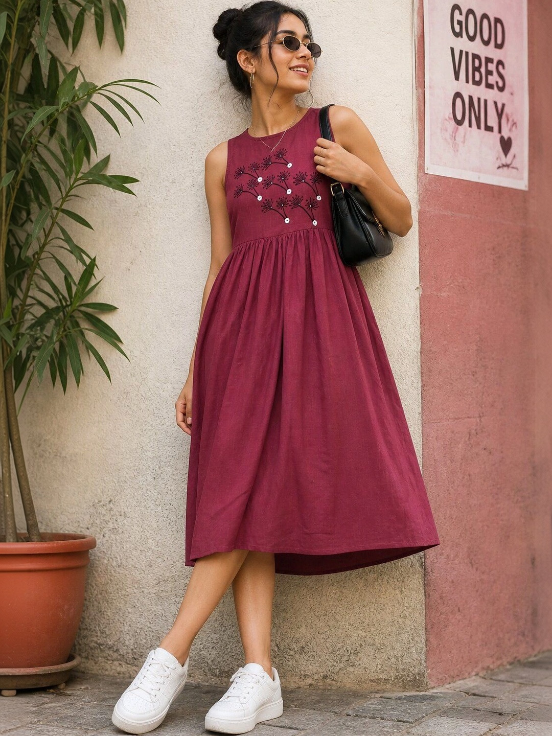 SALE MANTRA Floral Block Printed A-Line Midi Dress