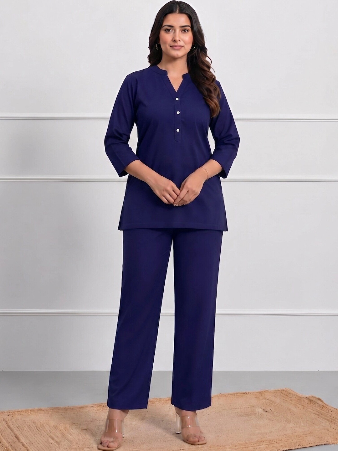 Moirai Mandarin Collar Three-Quarter Sleeves Pure Cotton Top With Trouser