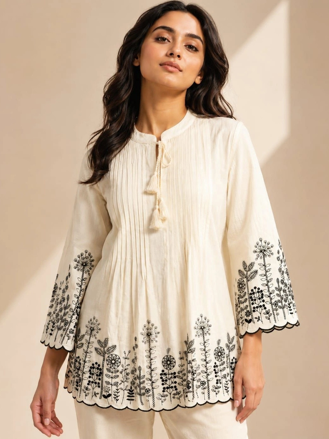 Ilaaha Organic Cotton Mandarin Collar Floral Embroidered Tie-Ups Tunic