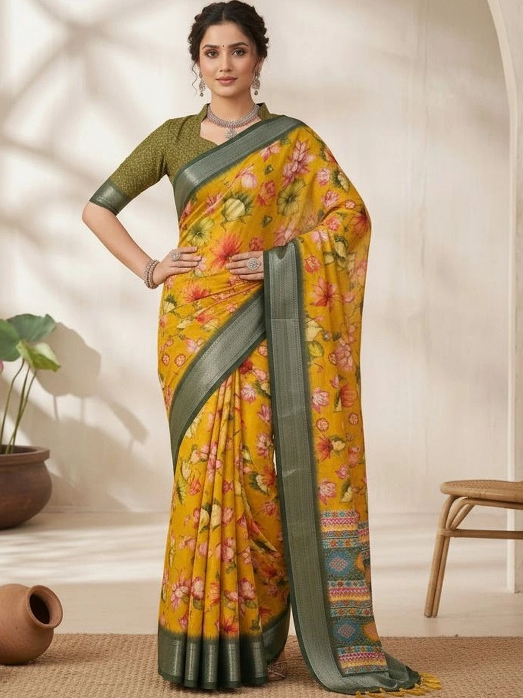 MEHARIKA Floral Cotton Blend Khadi Saree