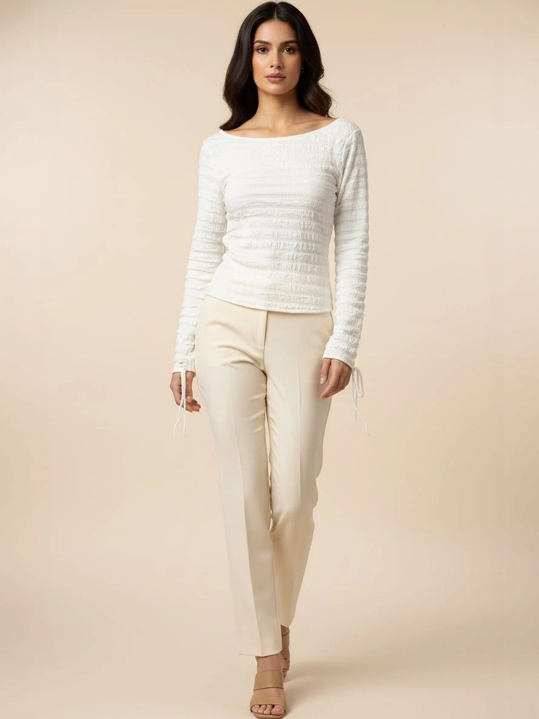 Neon Femme Self Design Textured Boat Neck Long Sleeves Top