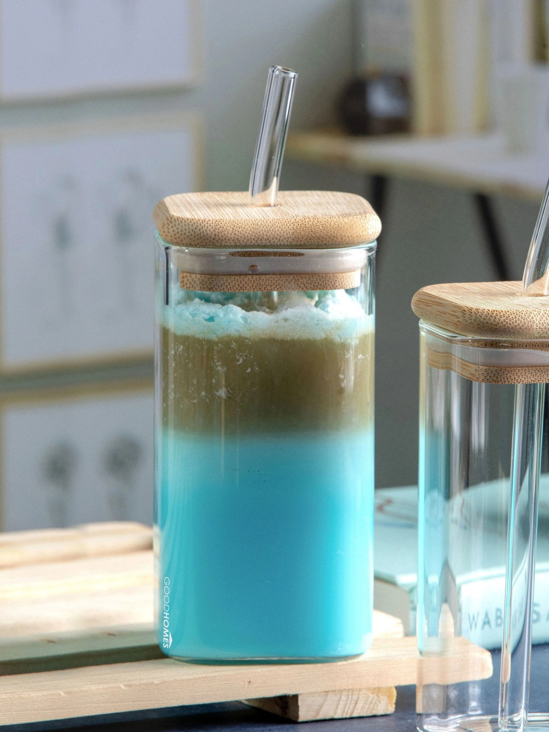 GOODHOMES Tumbler With Glass Straw & Wooden Lid
