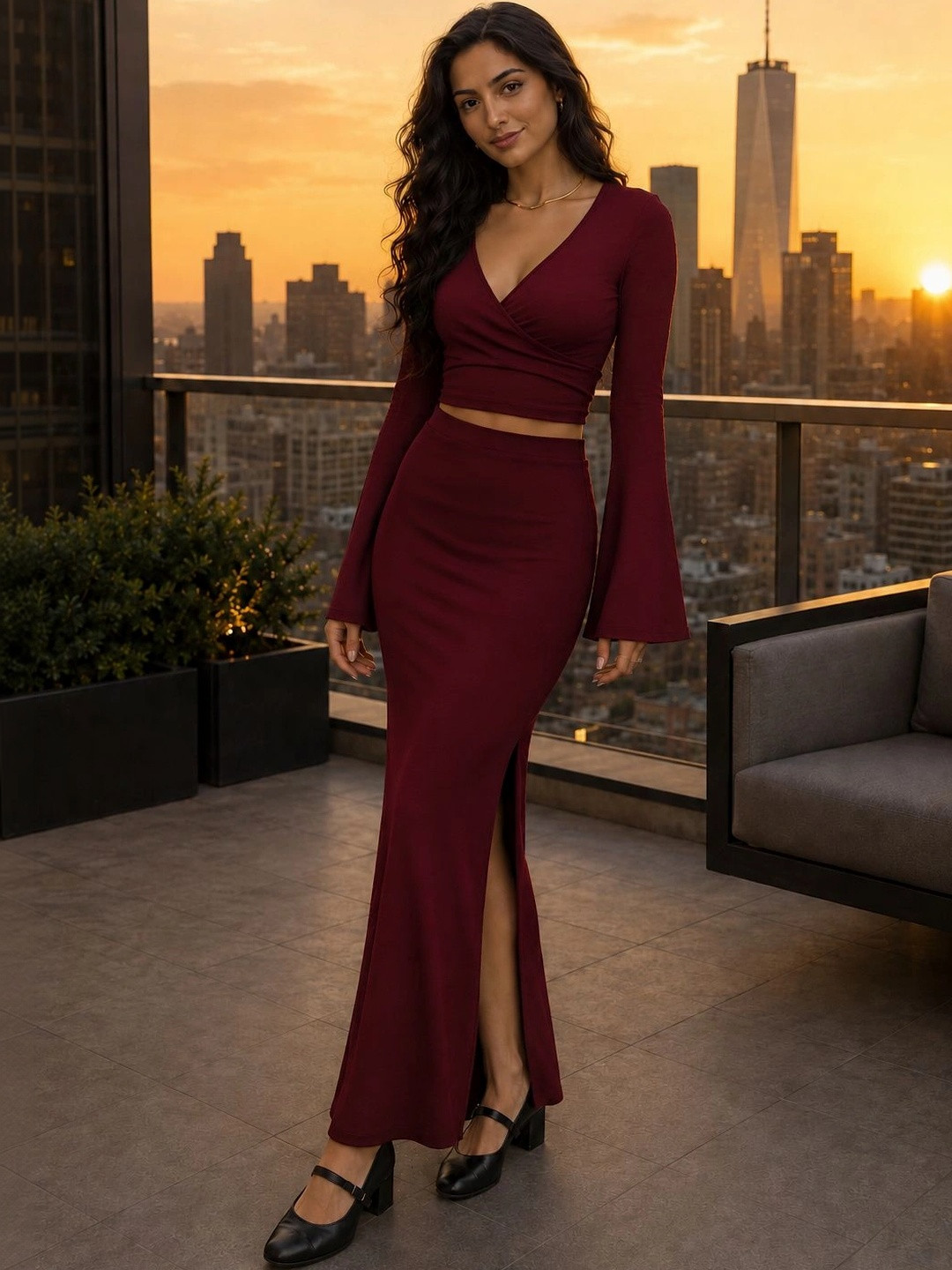 Fabverse V-Neck Bell Sleeves Crop & High Waist Side Slit Maxi Top And Skirt