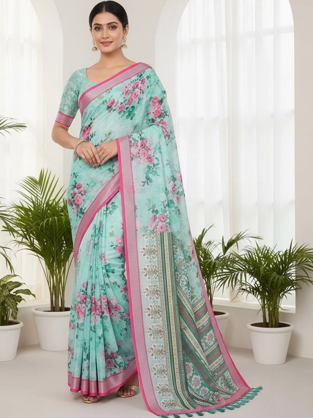 MEHARIKA Floral Cotton Blend Khadi Saree