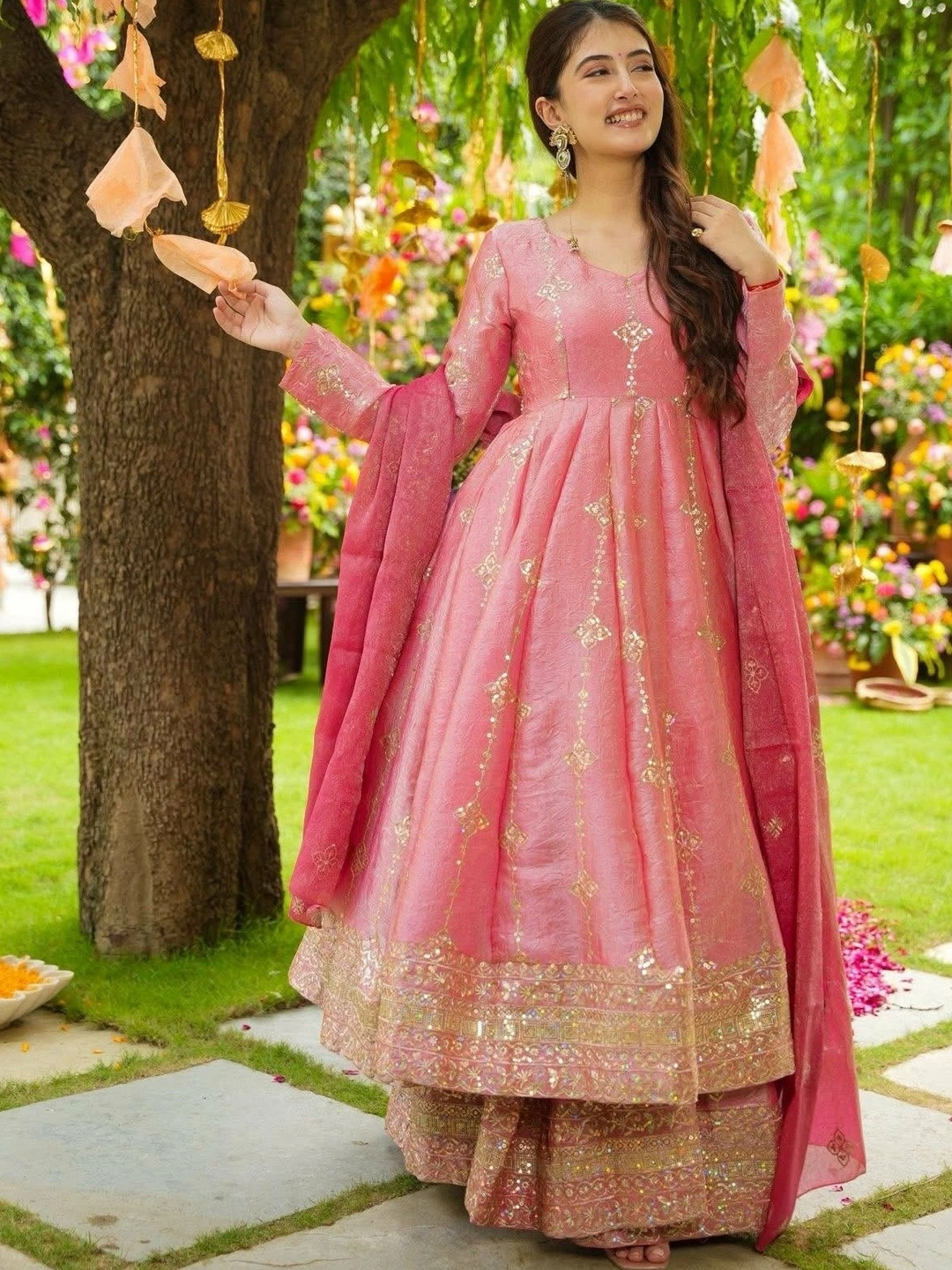 HERE&NOW Ethnic Motifs Anarkali Kurta with Palazzos & With Dupatta