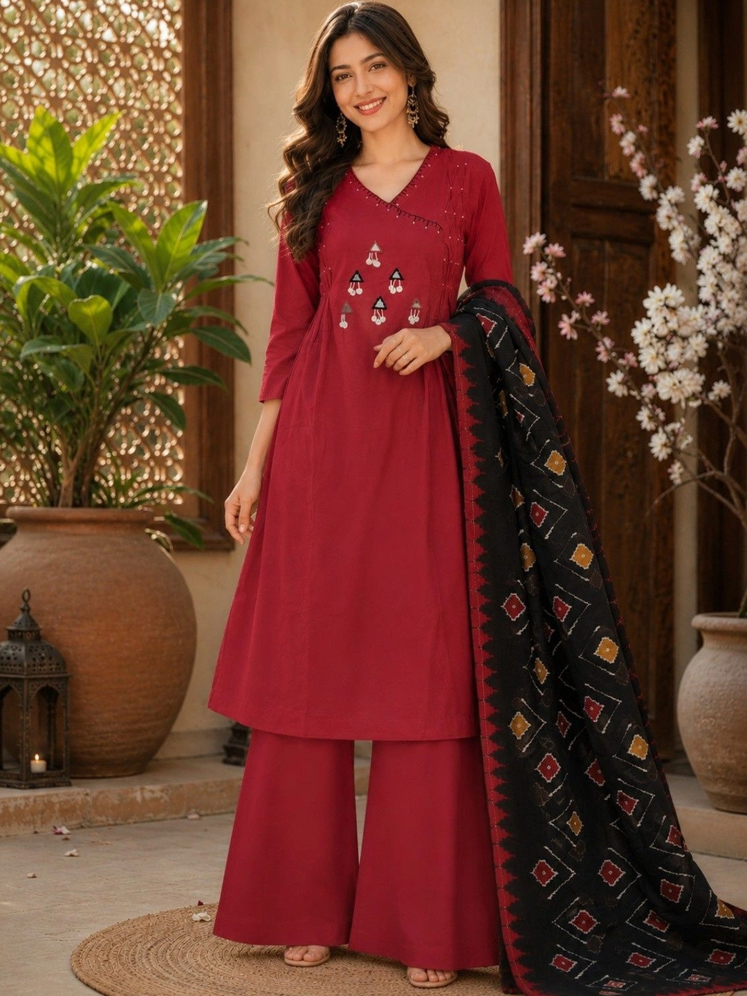 ESHMYRA Women Ethnic Motifs Embroidered Angrakha Thread Work Kurta with Palazzos & With Dupatta