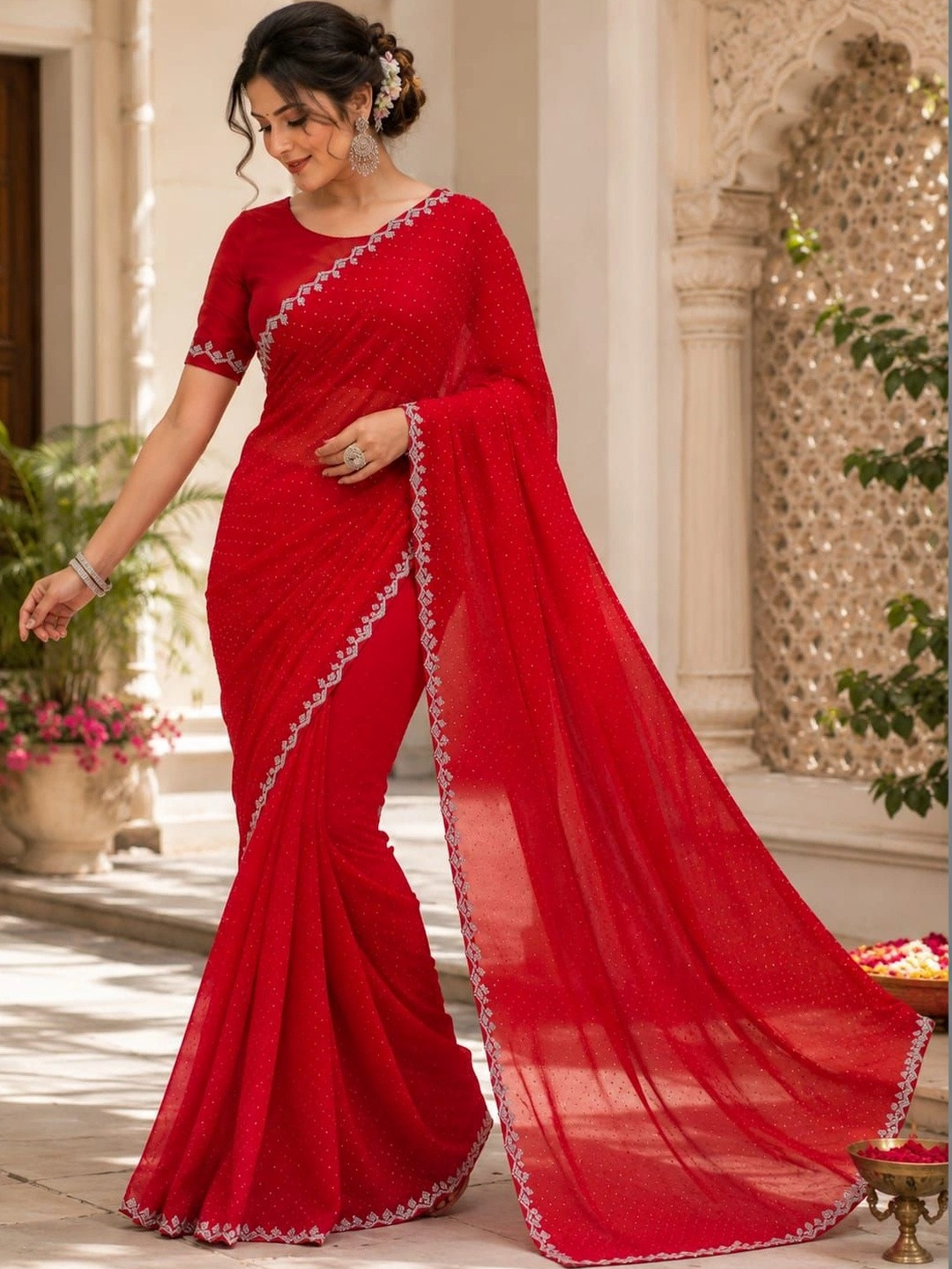 Leelavati Women Embellished Embroidered Pure Chiffon Saree