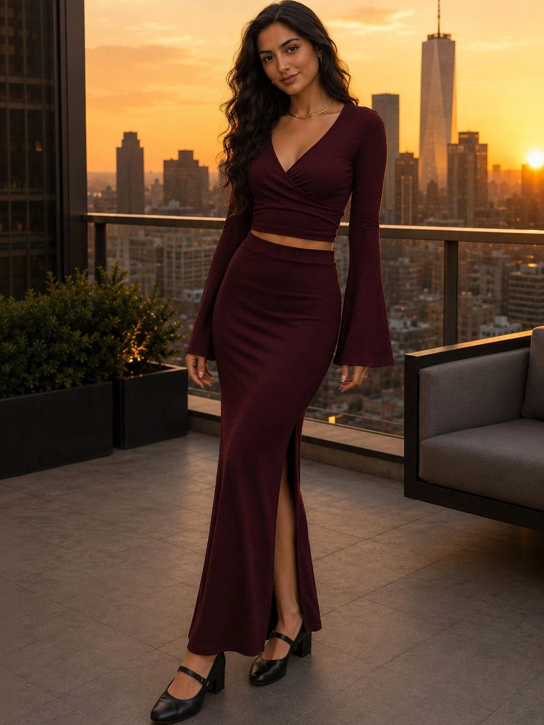 Fabverse V-Neck Bell Sleeves Crop & High Waist Side Slit Maxi Top And Skirt