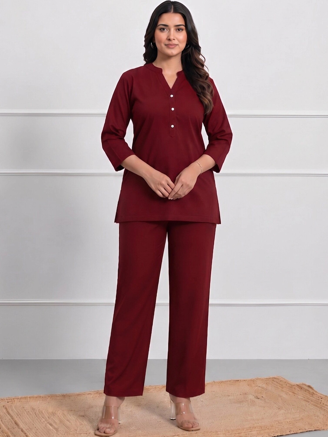 Moirai Mandarin Collar Three-Quarter Sleeves Pure Cotton Top With Trouser