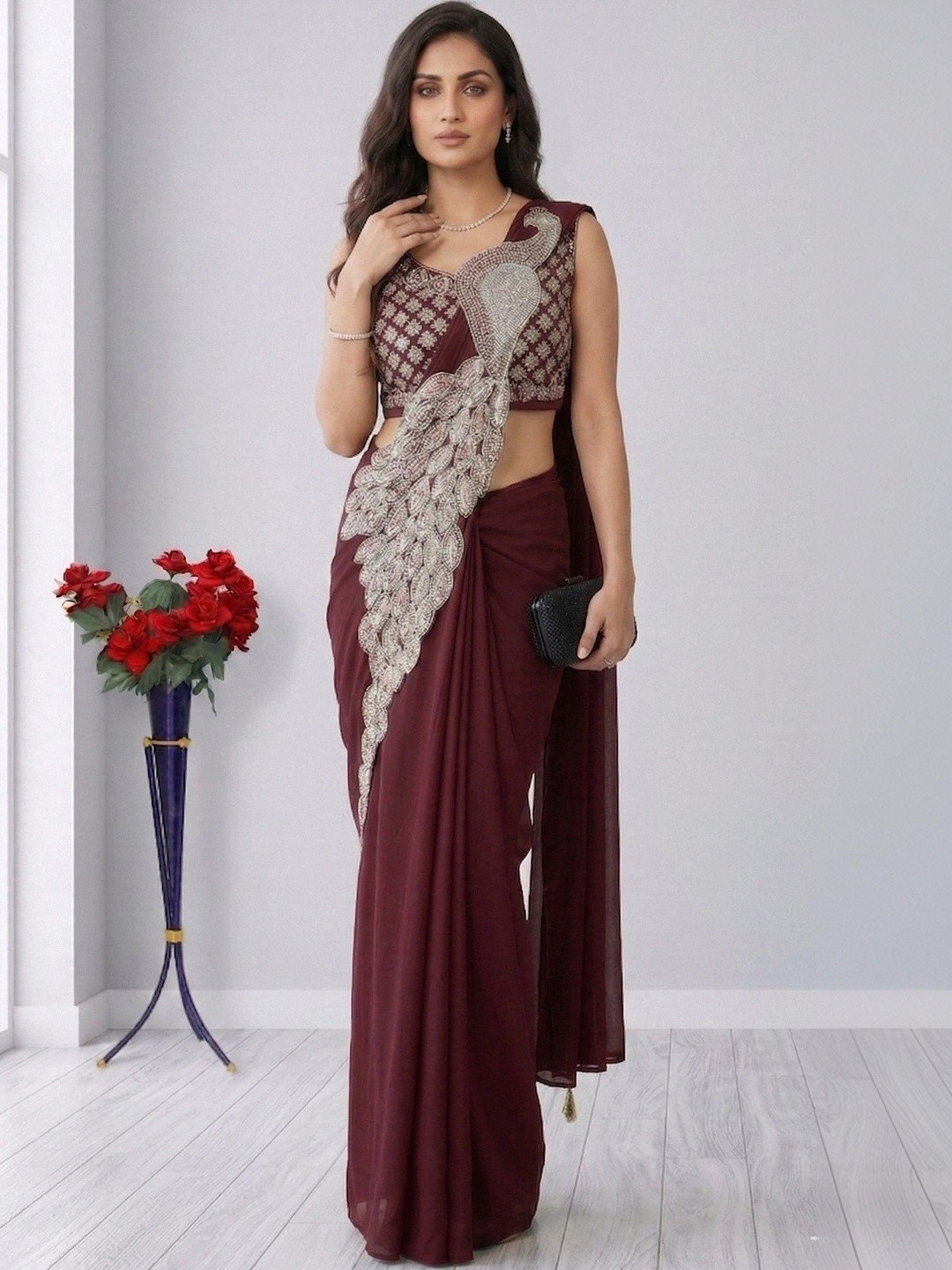 tathastufab Embellished Embroidered Pure Georgette Designer Saree