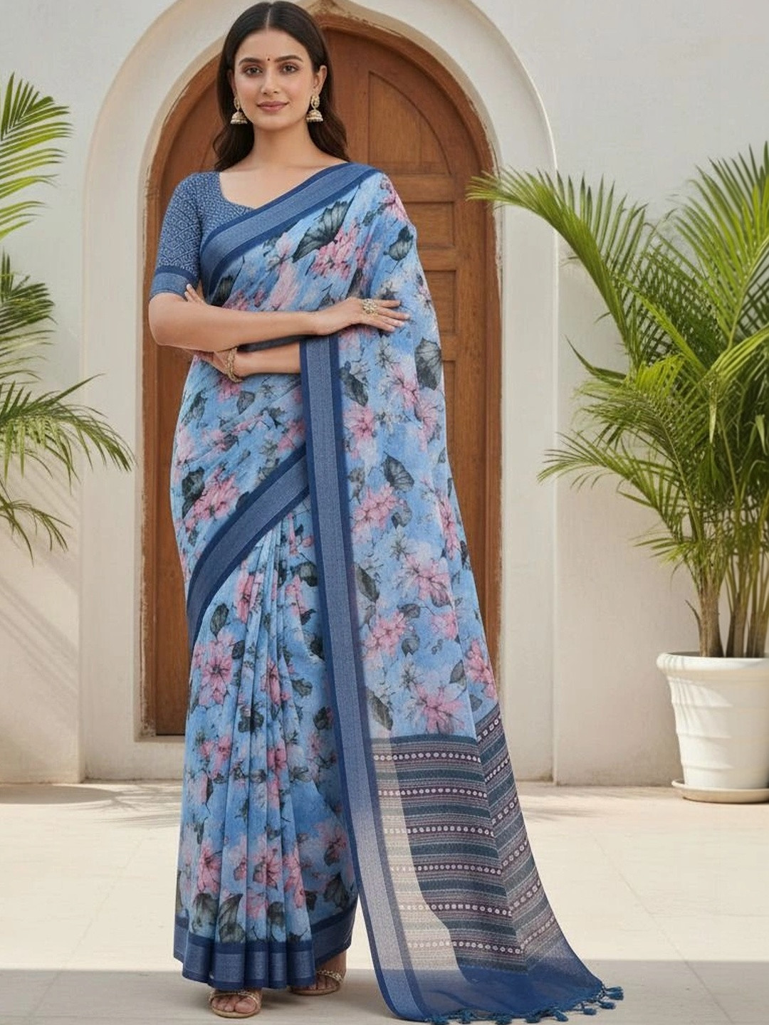 KRISHNA KURTIES Floral Cotton Blend Khadi Saree