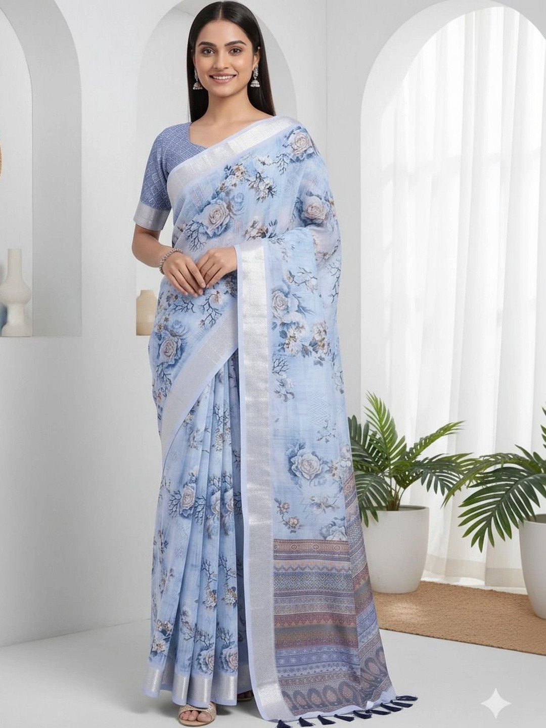 KRISHNA KURTIES Floral Cotton Blend Khadi Saree