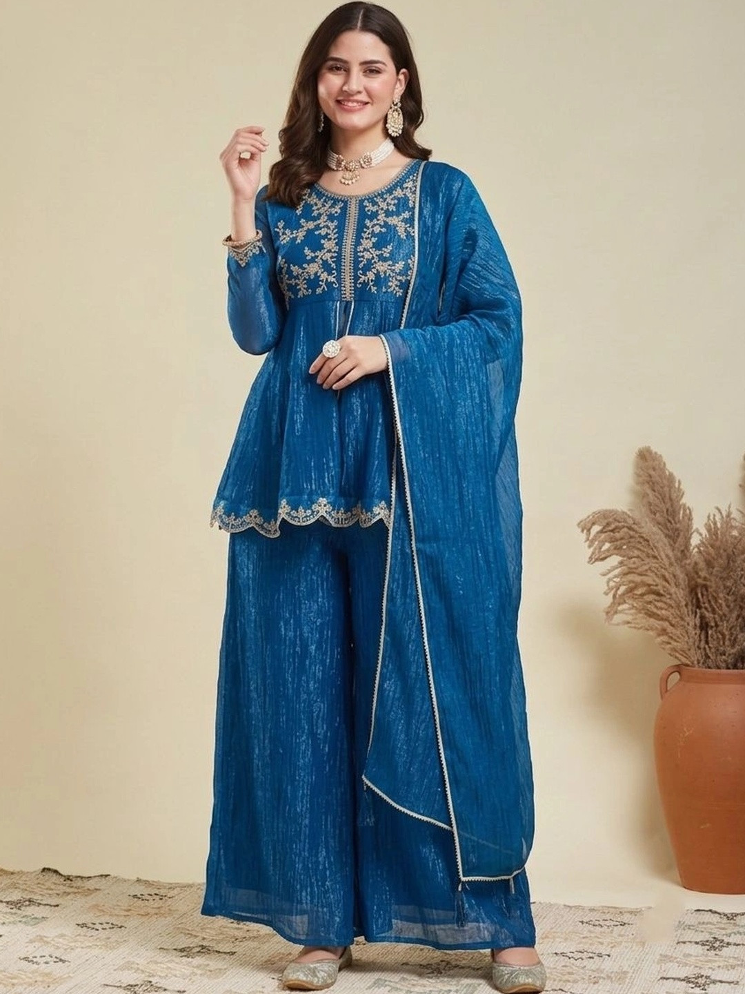MOKOSH Women's Royal Blue Embroidered Peplum Kurti with Palazzos & Dupatta