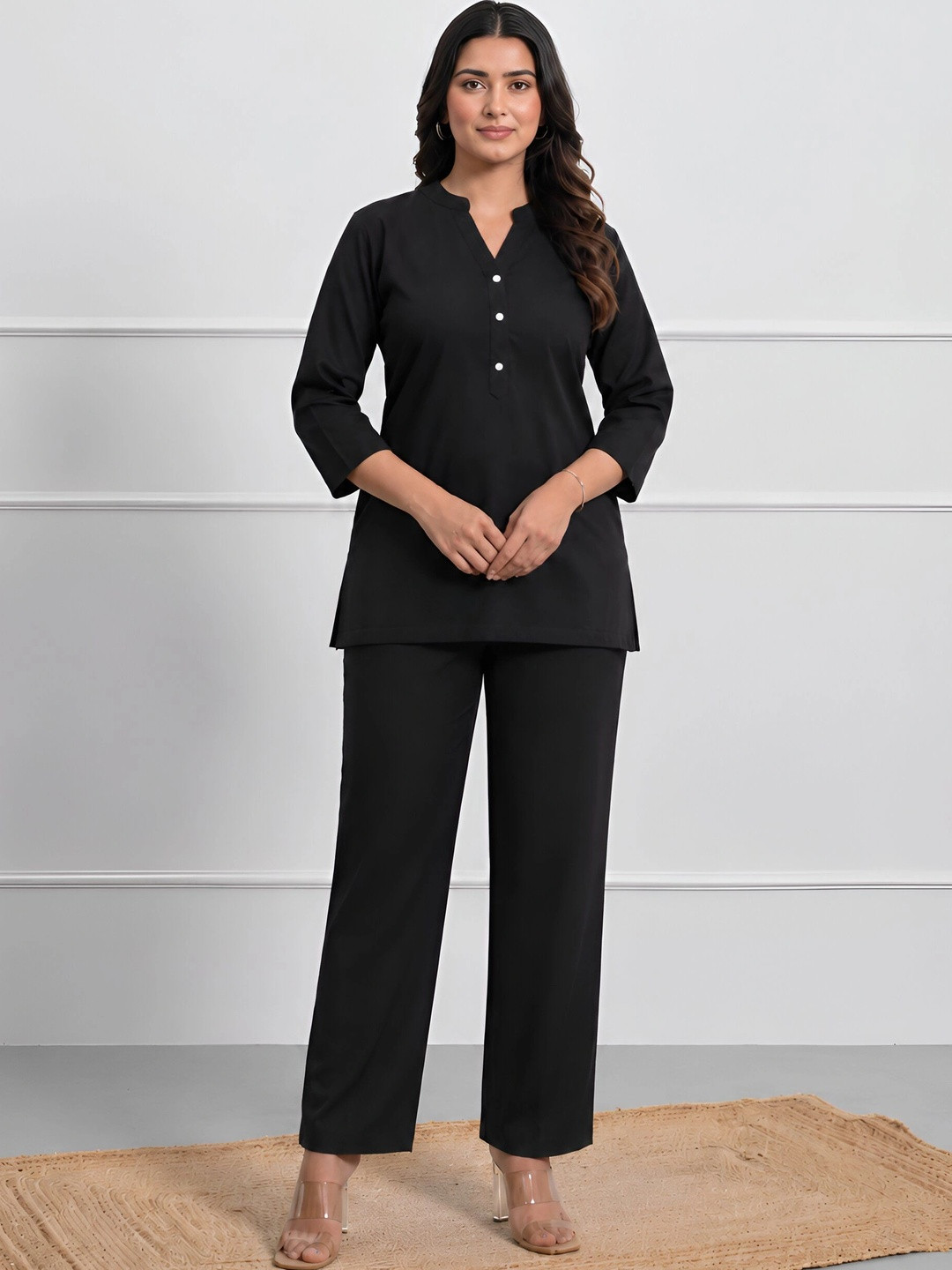 Moirai Mandarin Collar Three-Quarter Sleeves Pure Cotton Top With Trouser