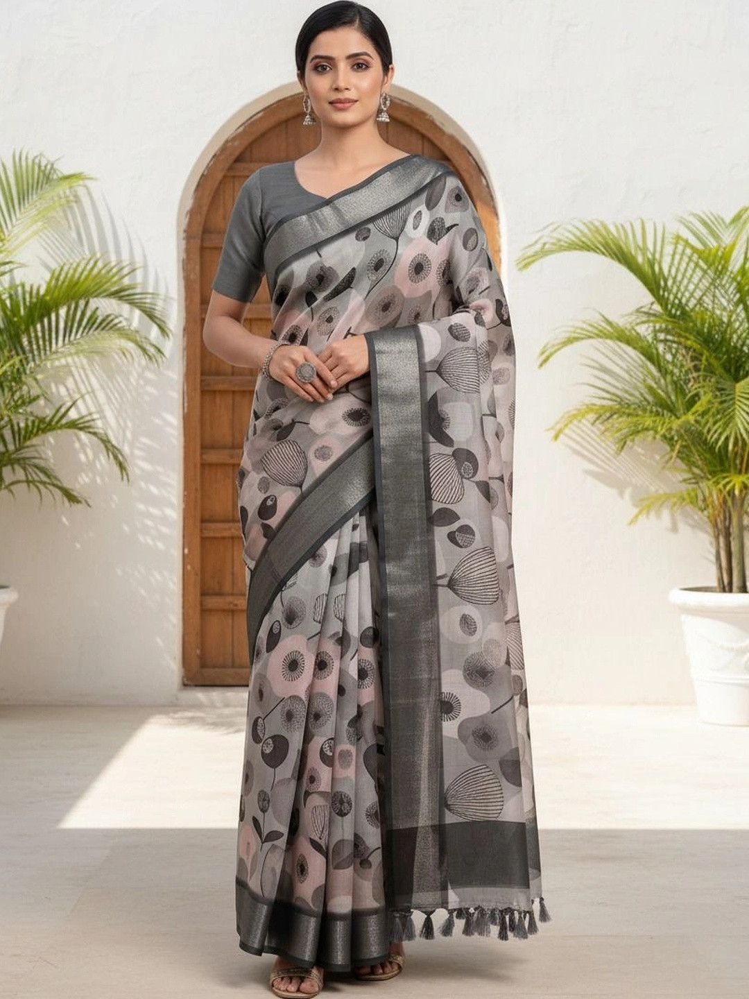 KRISHNA KURTIES Floral Cotton Blend Khadi Saree