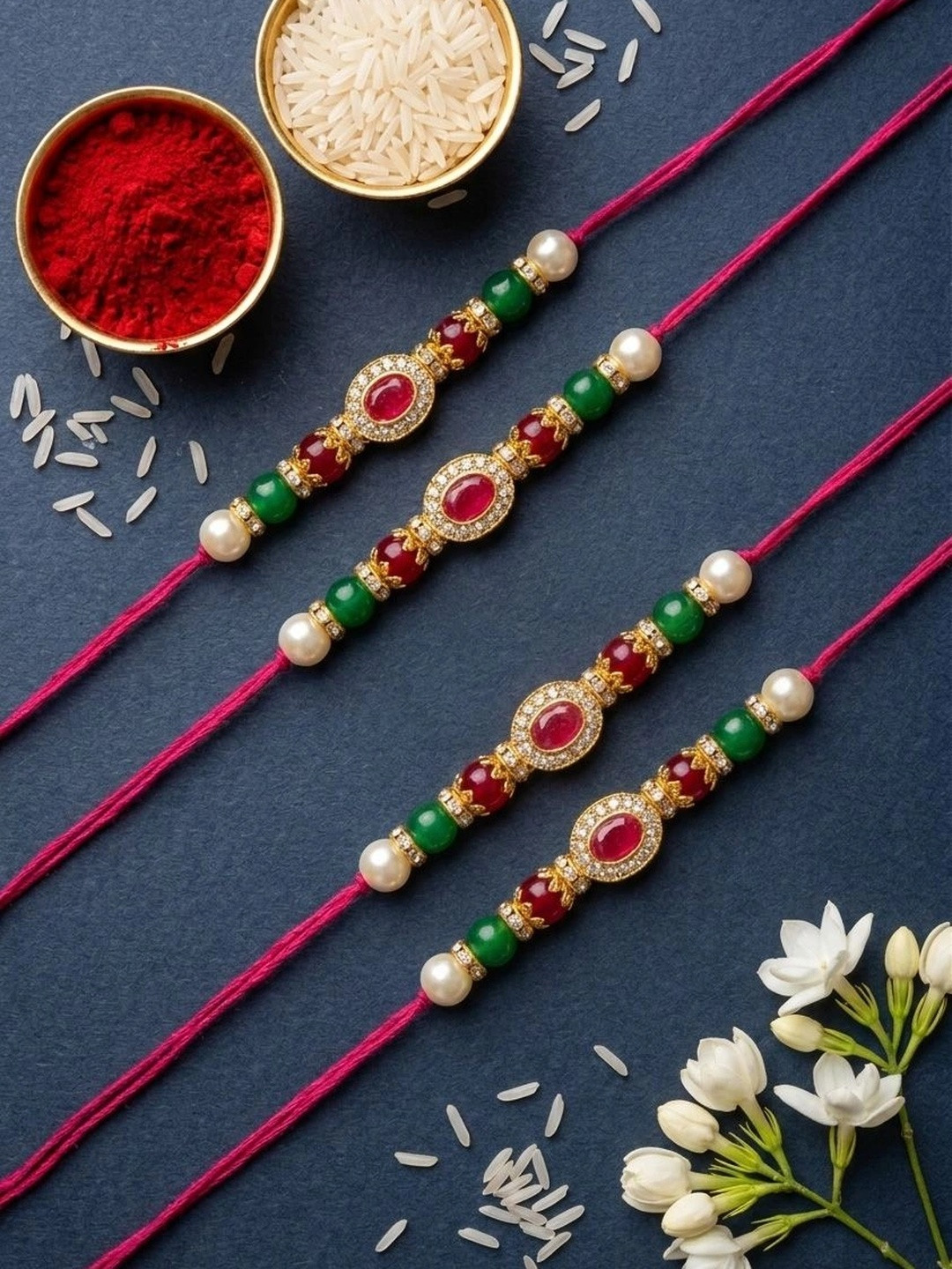ASIDEA Set Of 4 Stones-Studded & Beaded Thread Rakhis With Roli Chawal