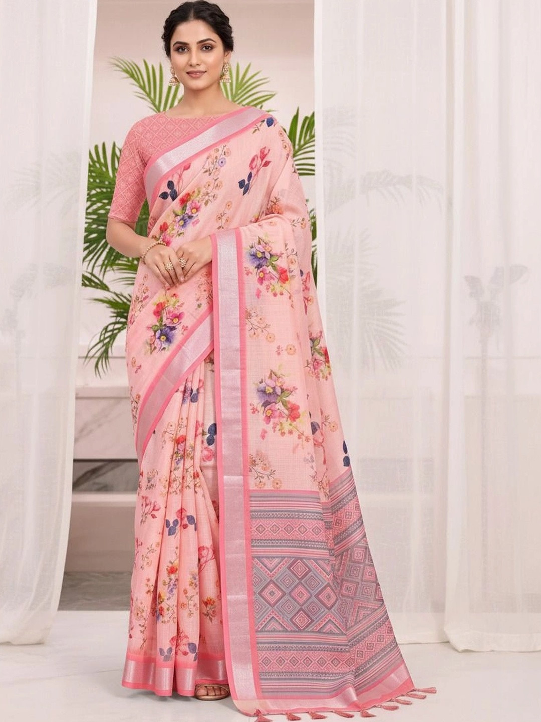 KRISHNA KURTIES Floral Cotton Blend Khadi Saree