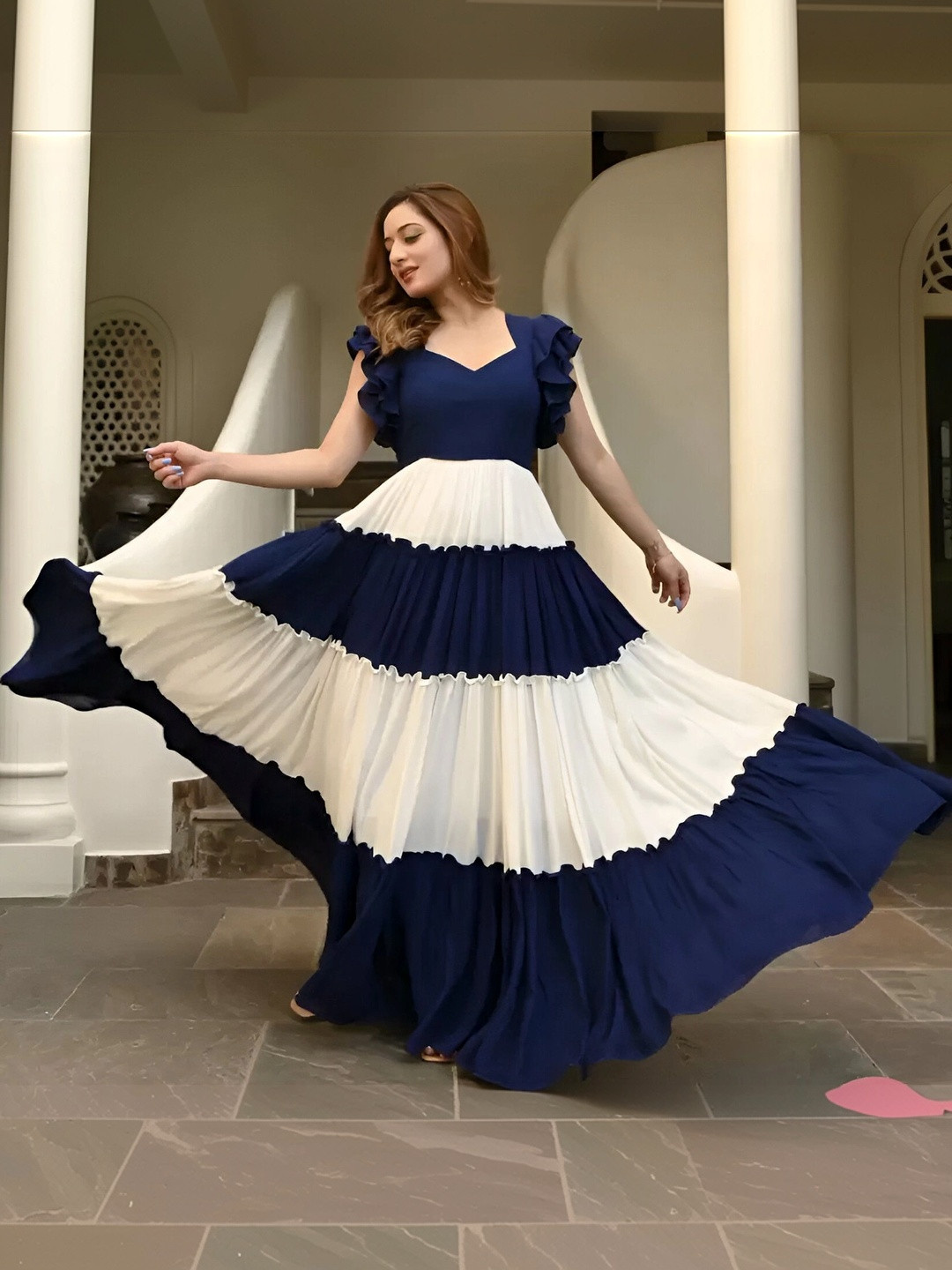 NAVYAAZRI Colourblocked V-Neck A-Line Ethnic Dresses