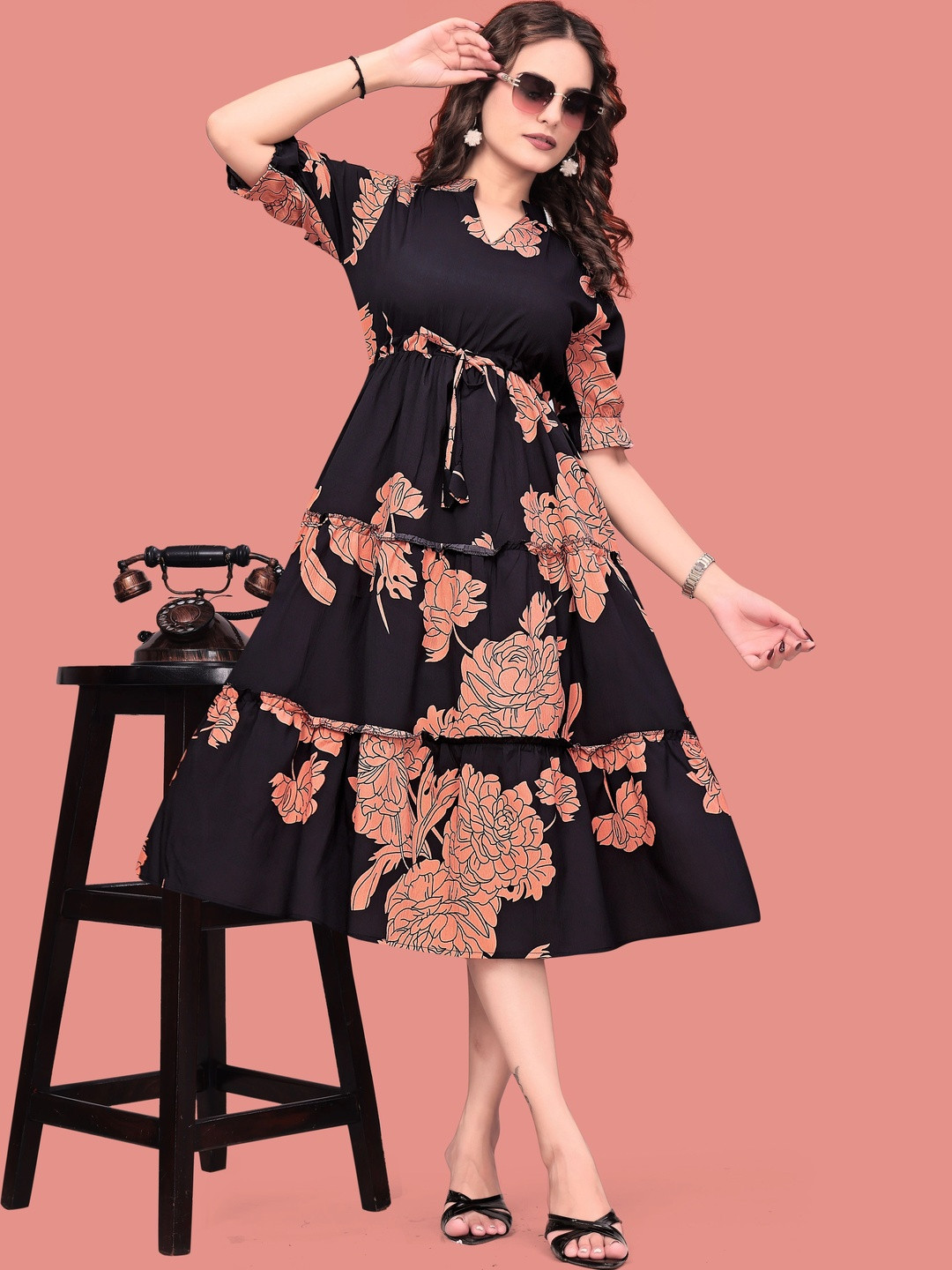 MENFLUENT Floral Printed Mandarin Collar Short Sleeves A-Line Midi Dress