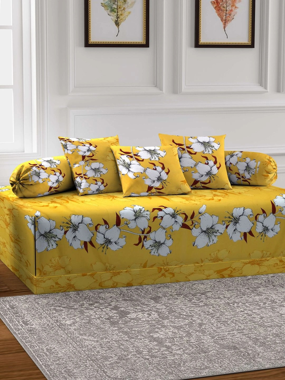 Myntra Elegant Homes 6-Pcs Yellow & White Printed Bedsheet With Bolster & Cushion Covers