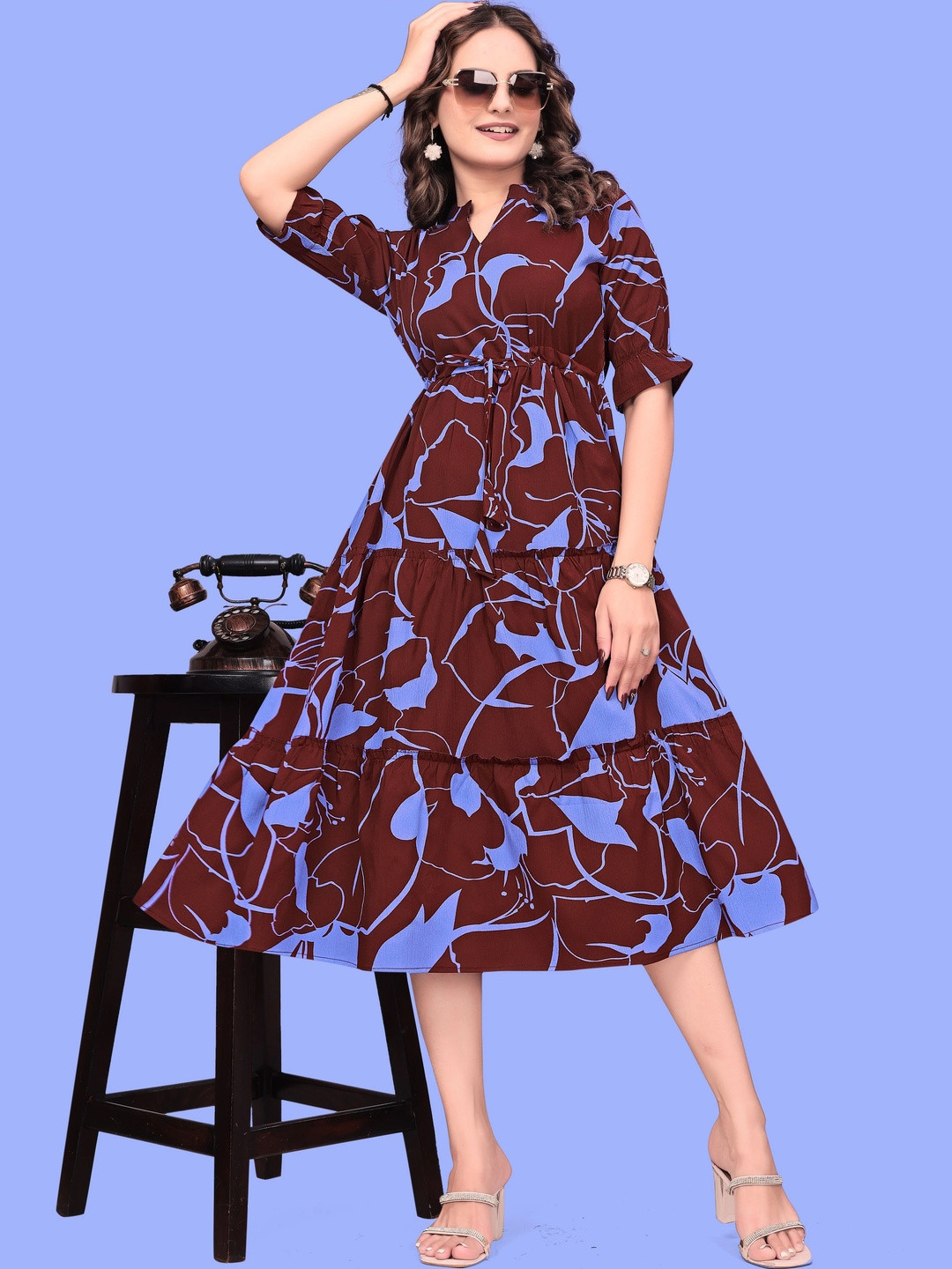 MENFLUENT Abstract Printed Mandarin Collar Short Sleeves A-Line Midi Dress