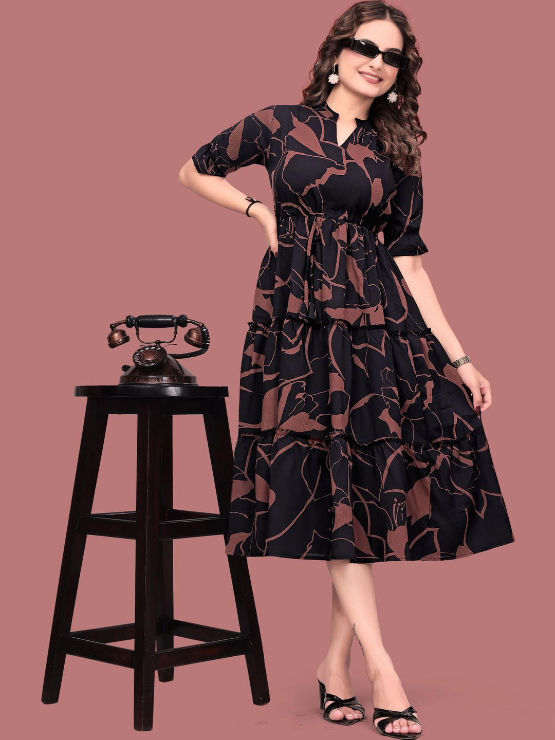 MENFLUENT Print Crepe A-Line Midi Dress