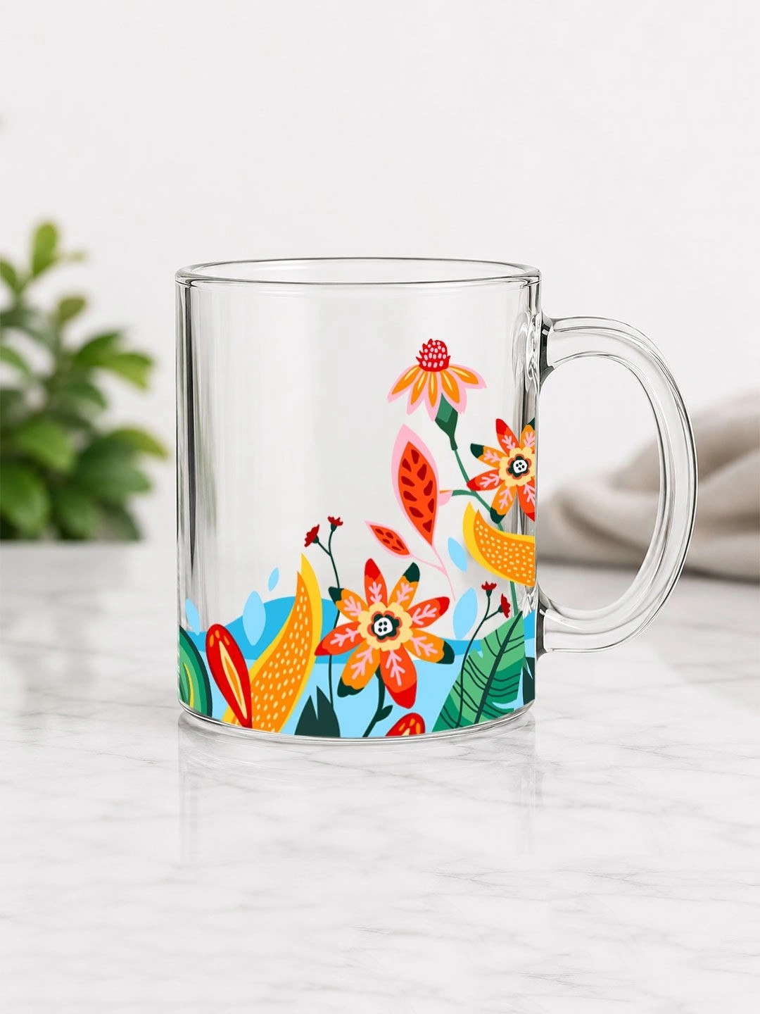 EarthCraft Transparent Floral Printed Glass Transparent Mugs Set of Cups and Mugs