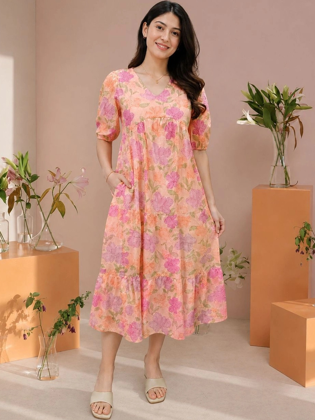 Twelve South Floral Print Puff Sleeve A-Line Midi Dress