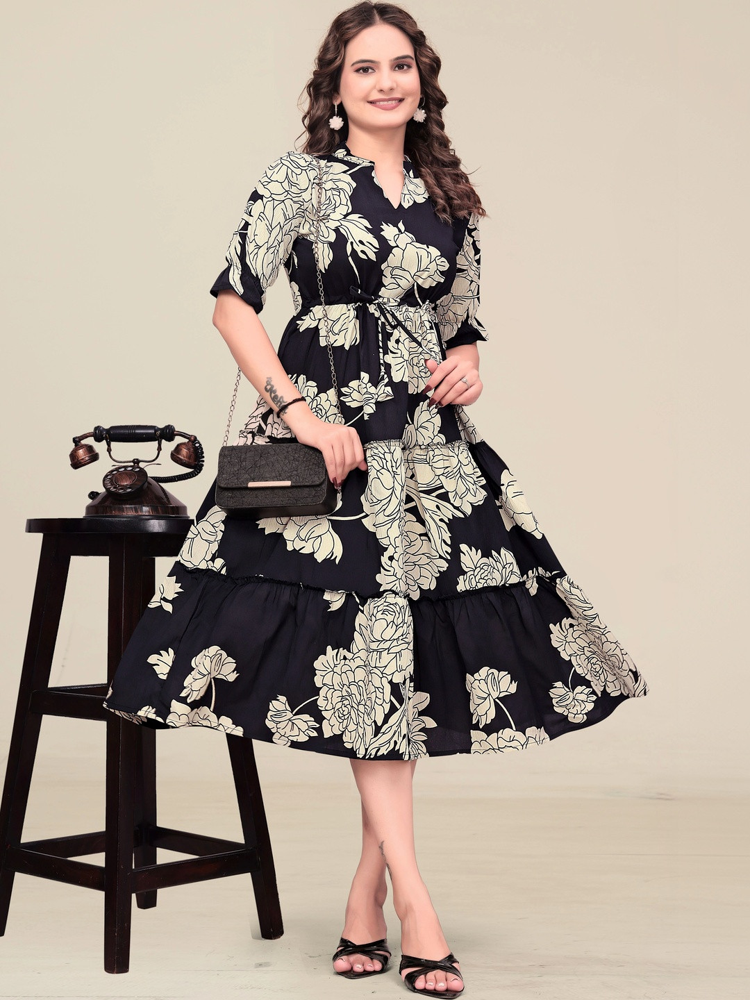 MANDIV FASHION Floral Printed Mandarin Collar Short Sleeves A-Line Midi Dress