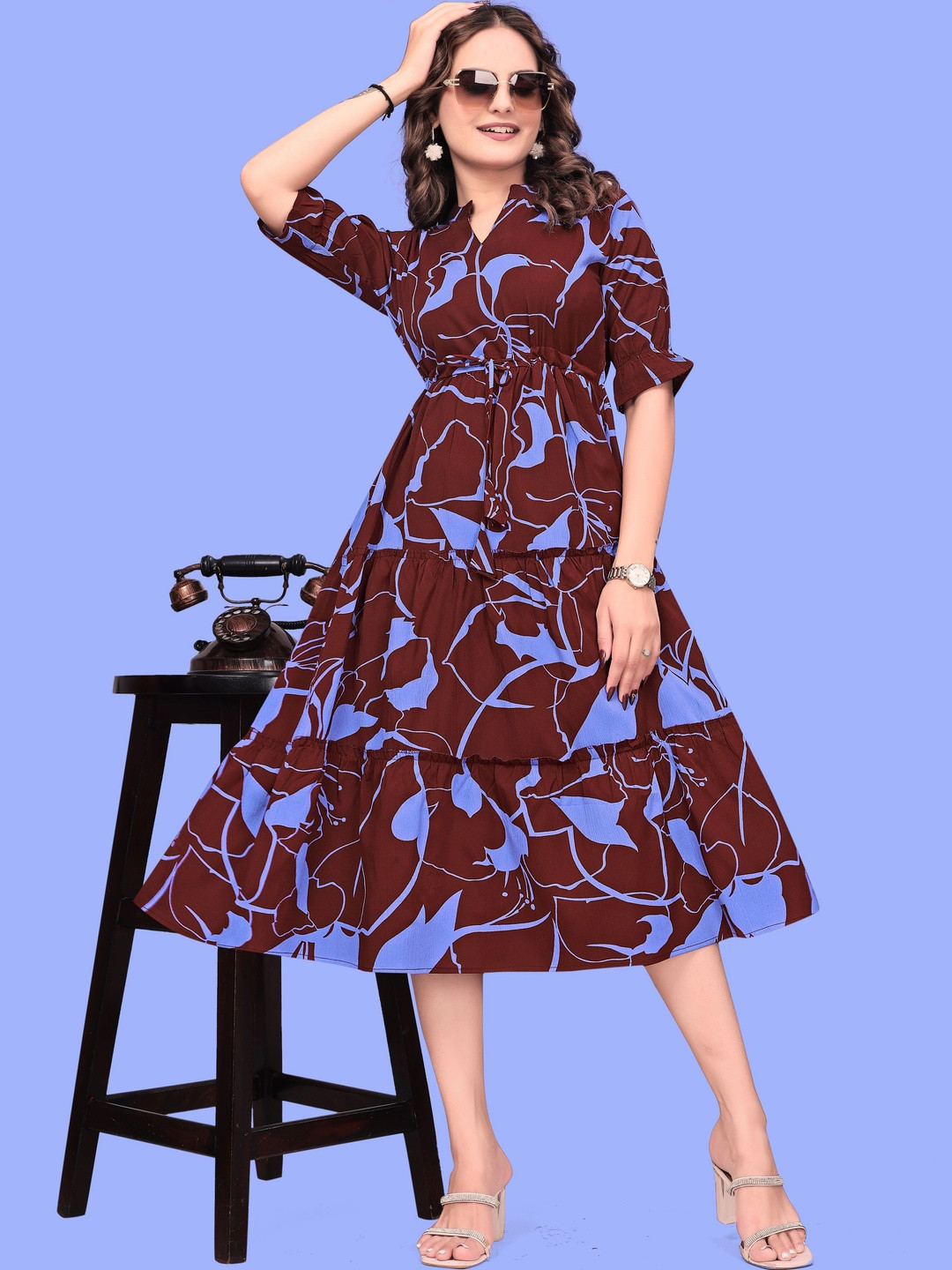 SHAIBO SAREE Print Crepe A-Line Midi Dress