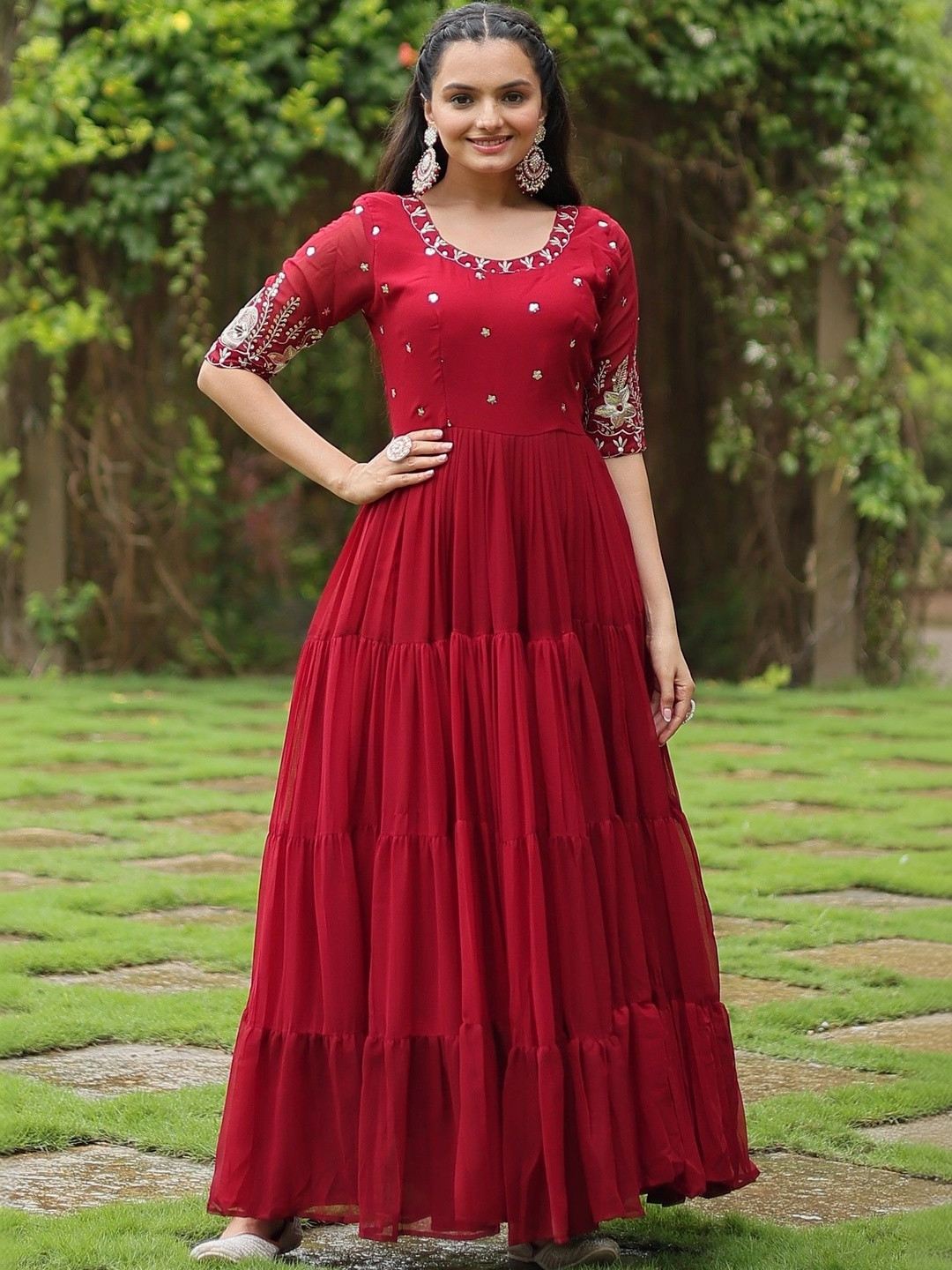 KALINI Embroidered Round Neck A-Line Ethnic Dresses