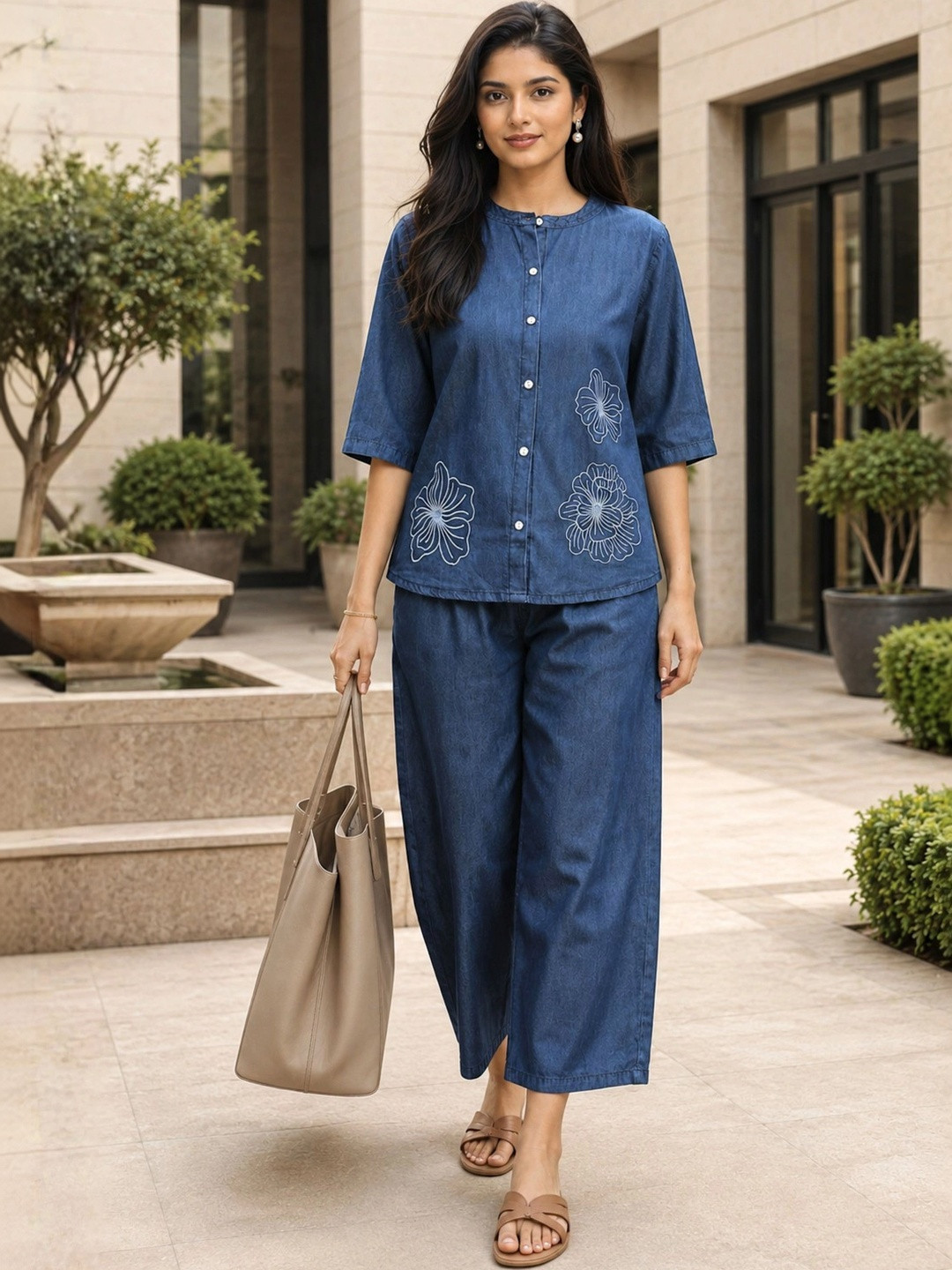 Highgarden Women Pure Cotton Denim Wash Floral Embroidered Co-Ords