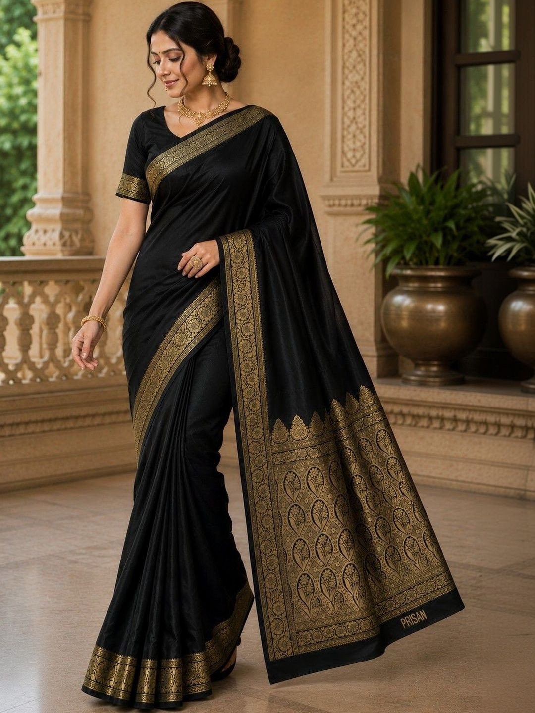 Prisan Women Black Woven Banarasi Soft Silk Saree with Unstitched Blouse