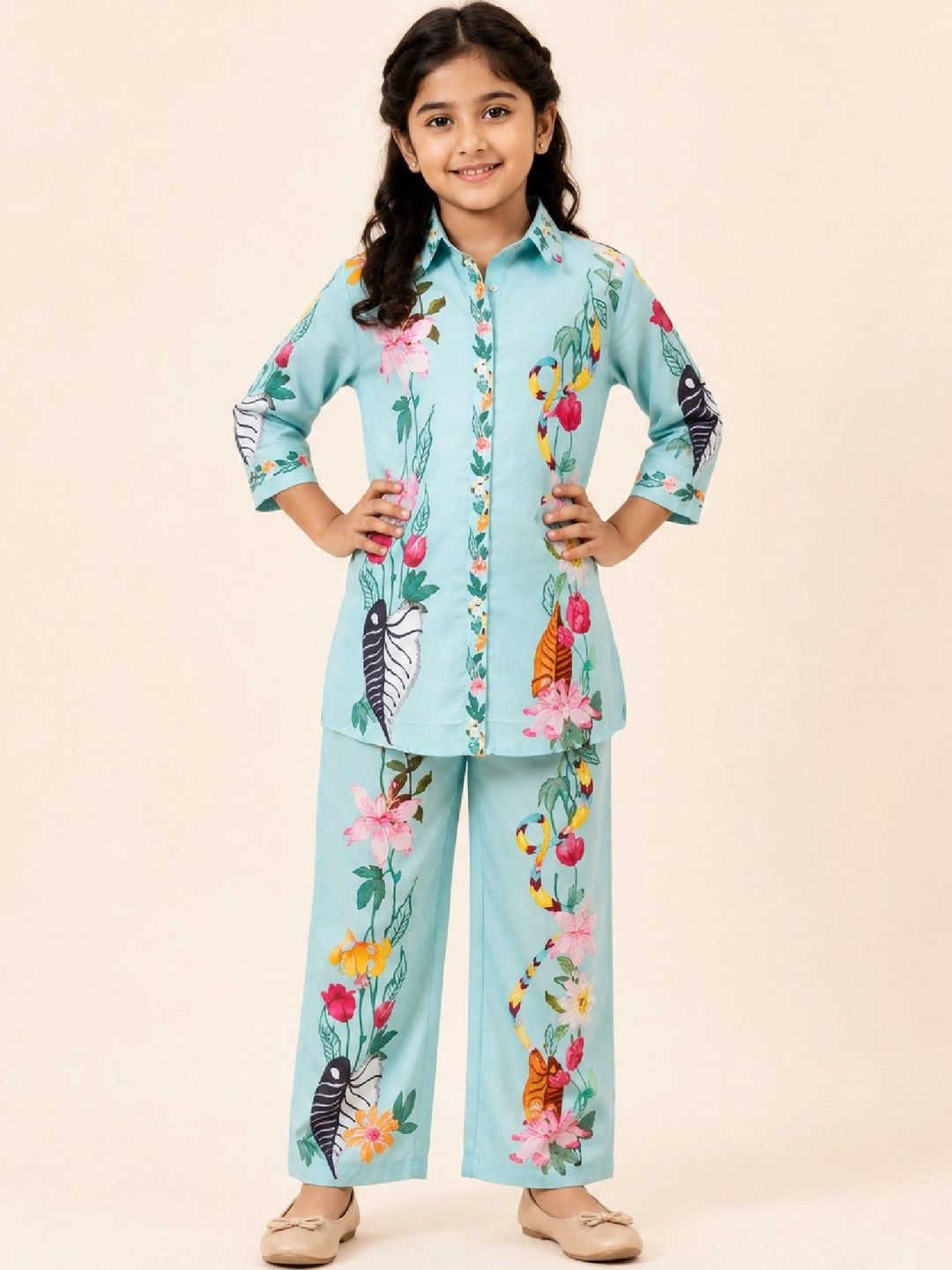 Huggle Boo Girls Aqua Blue Floral Printed Shirt Collar Co-Ords Set