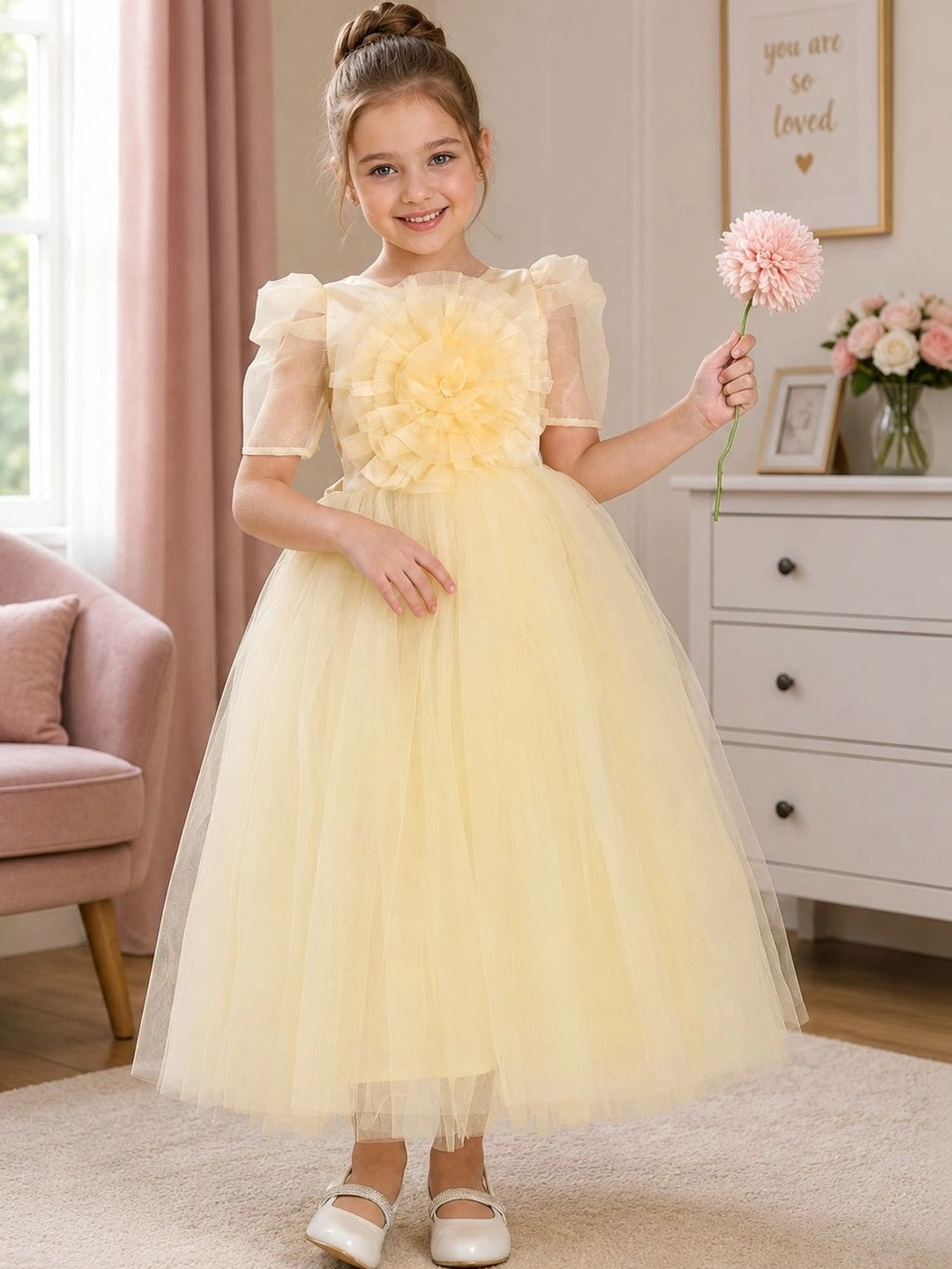 Dripteen Puff Sleeve Ruffled Net A-Line Maxi Dress
