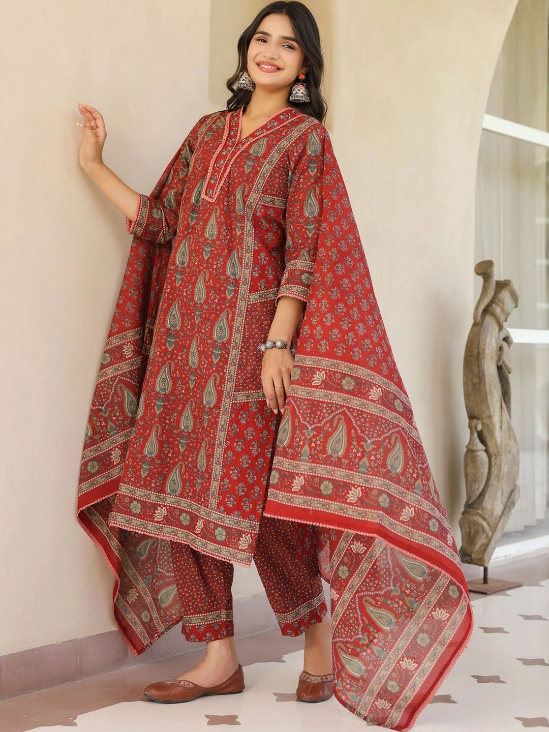 Rain & Rainbow Ethnic Motifs Printed Pleated Kurta Trouser Set With Dupatta