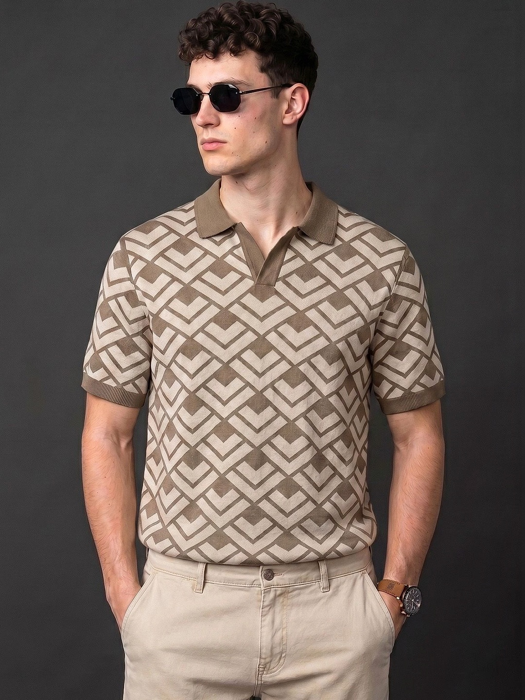 VEIRDO Self Geometric Cotton Polo Collar Short Sleeves T-shirt