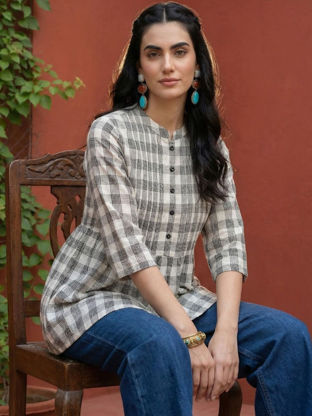 Anouk Checked Mandarin Collar Pure Cotton A-Line Kurti