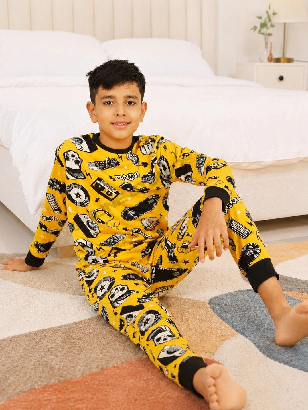 Ninos Dreams Boys Yellow Graphic Printed Pure Cotton Night suit
